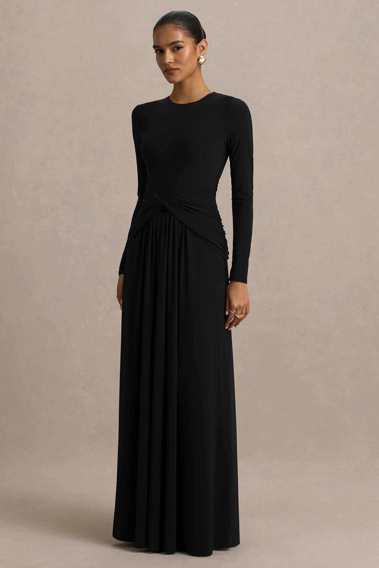 Estrella Black High-Neck Maxi Dress With Ruched Detailing