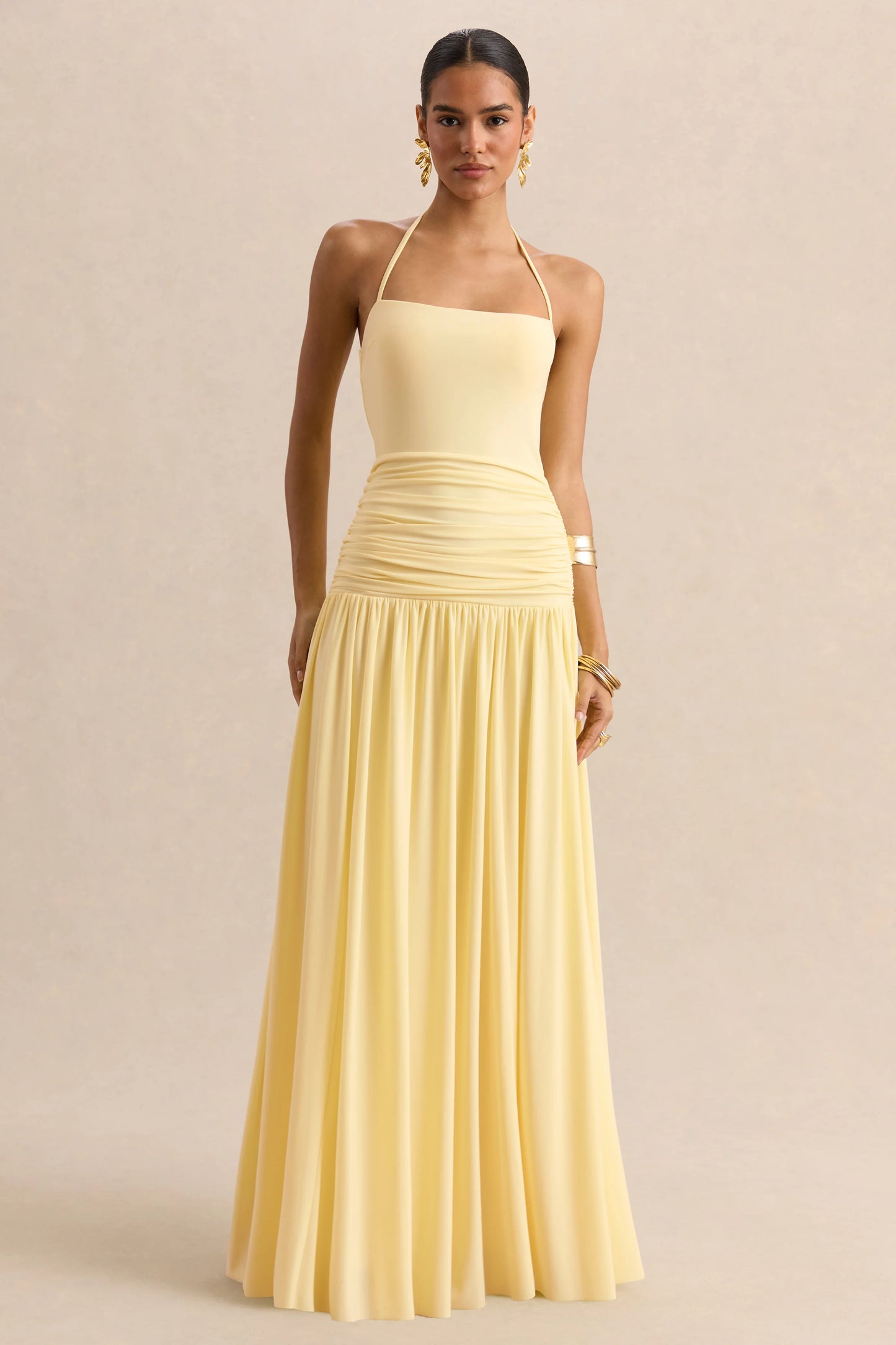 Nicolette Lemon Square-Neck Maxi Dress With Ruched-Detailing
