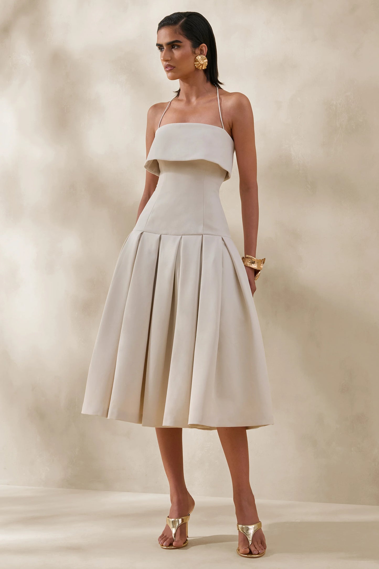 Dazira Cream Square-Neck Midi Dress With Drop-Waist