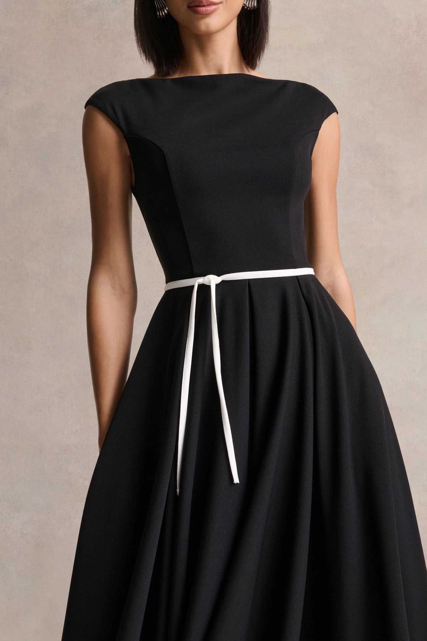 Nataline Black Round-Neck Midi Dress With White Belt-Detail