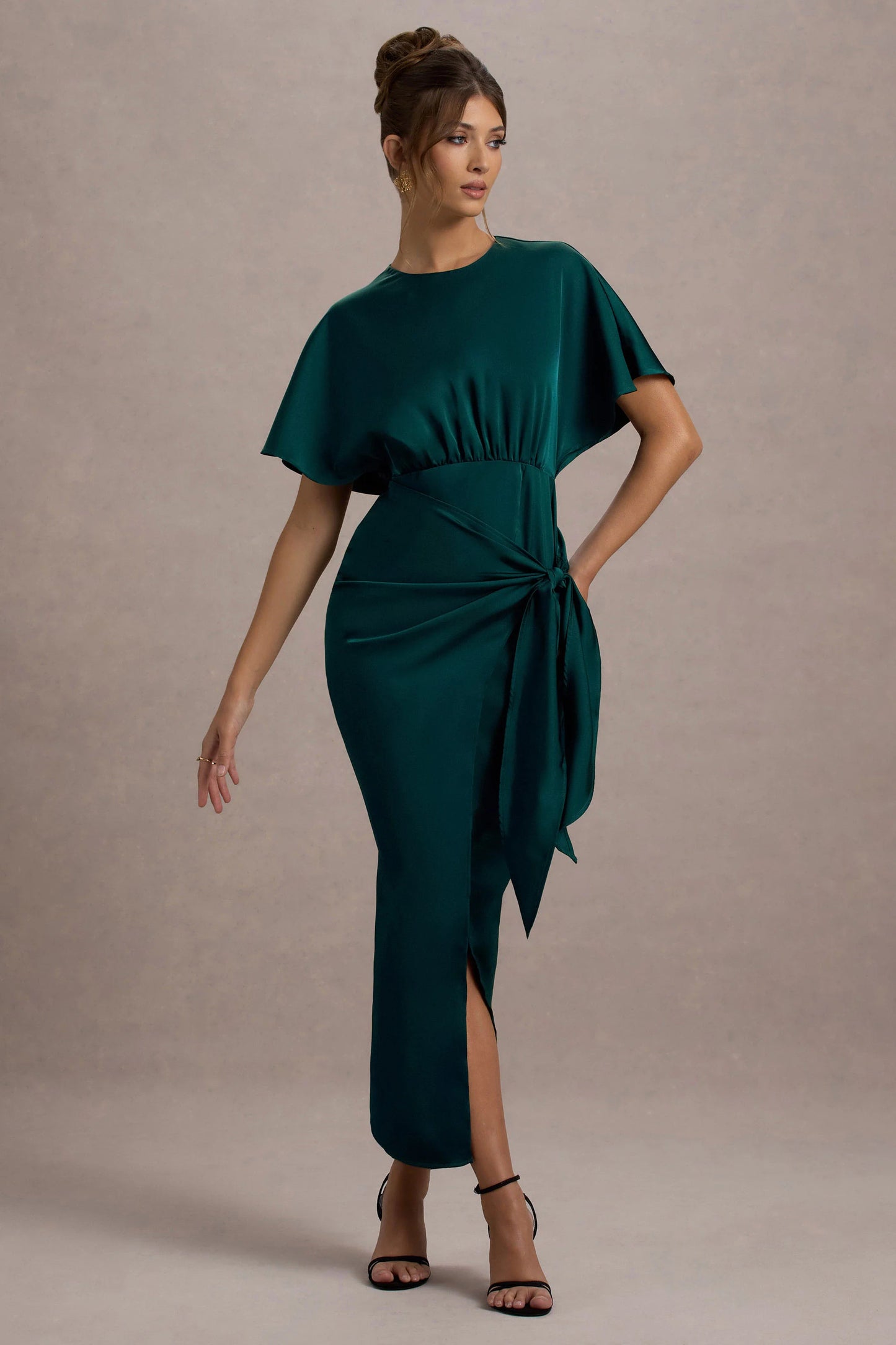 Mika Bottle Green Satin Short-Sleeve Wrap Maxi Dress
