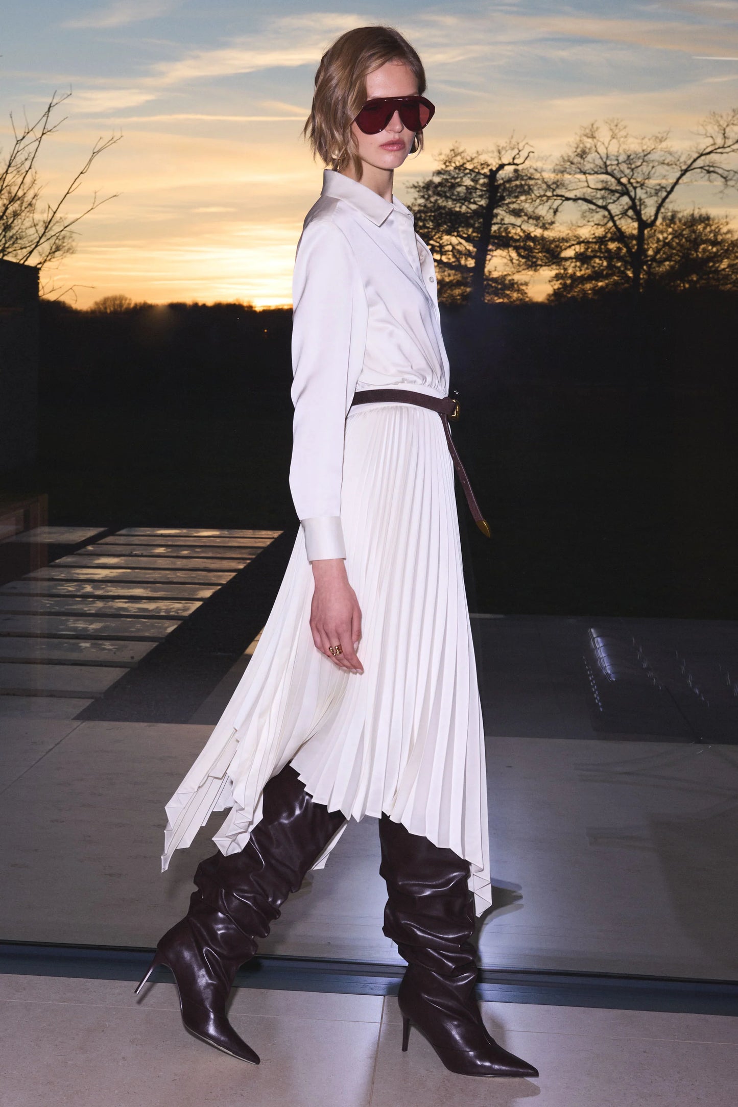Naxos Cream Satin Shirt Maxi Dress With Pleated Skirt