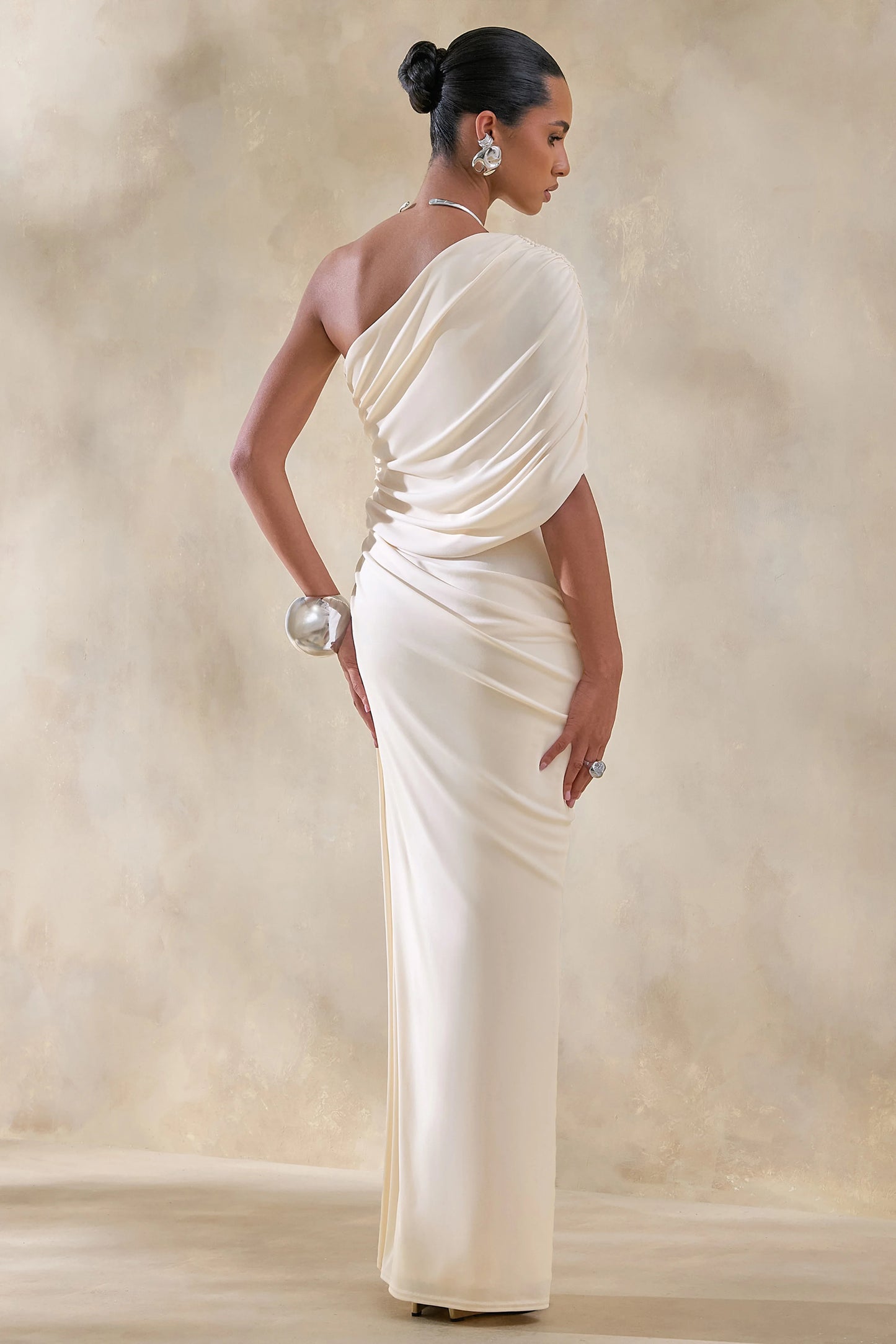 Iberia Cream Asymmetric-Neck Maxi Dress With Draped Detail