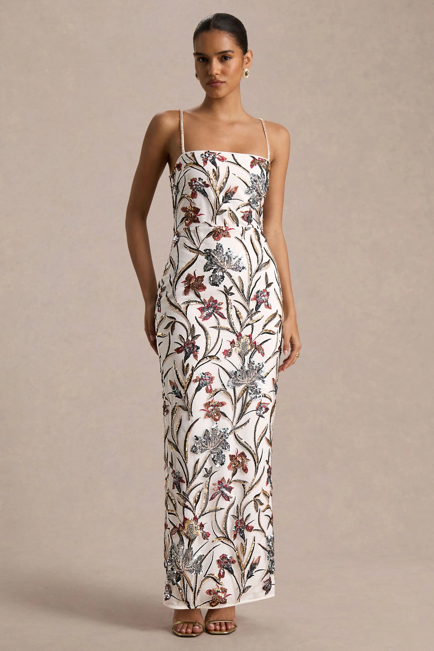 Kyle Cream Sequin Floral Embellished Square-Neck Maxi Dress