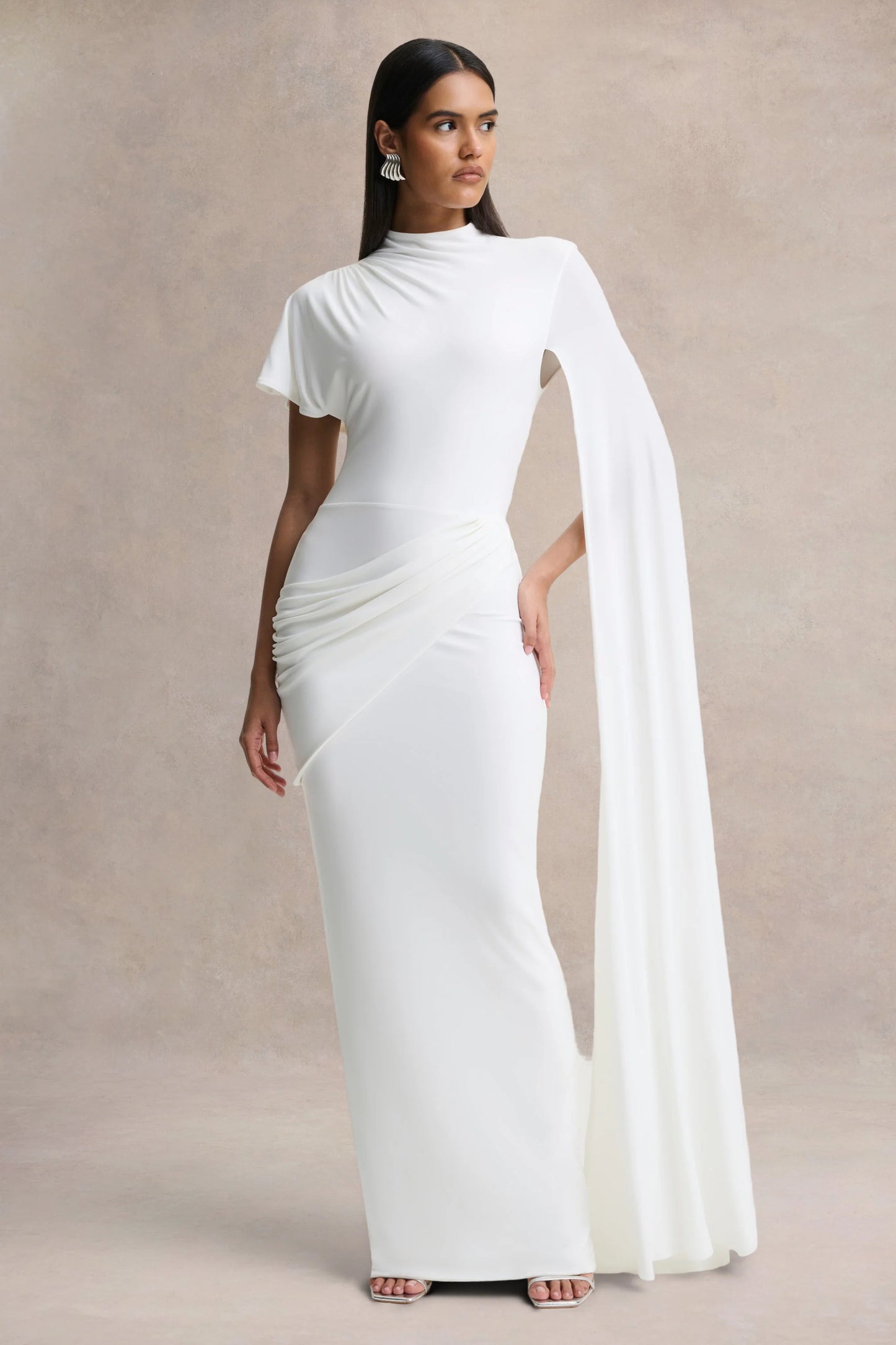 Tropic White High-Neck Maxi With Long Cape Sleeve