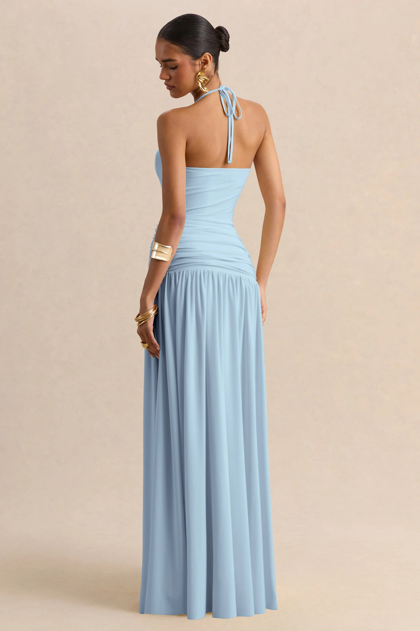 Nicolette Powder Blue Square-Neck Maxi Dress With Ruched-Detailing