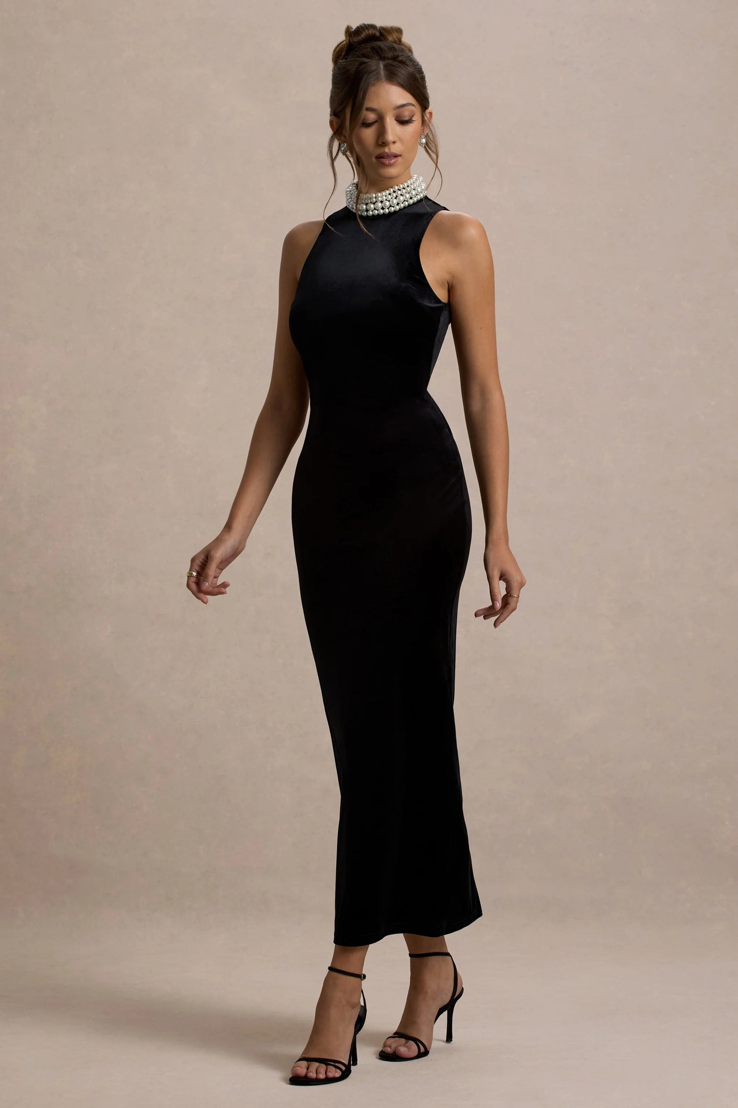 Audrine Black Velvet Embellished High-Neck Maxi Dress