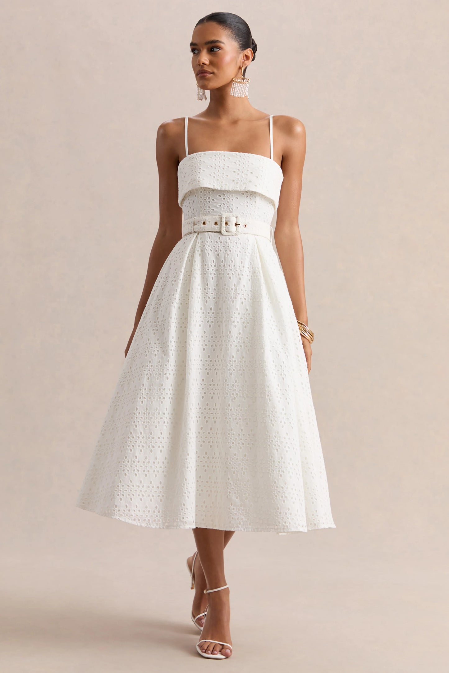 Zoeva Cream Broderie Square-Neck Belted Midi Dress