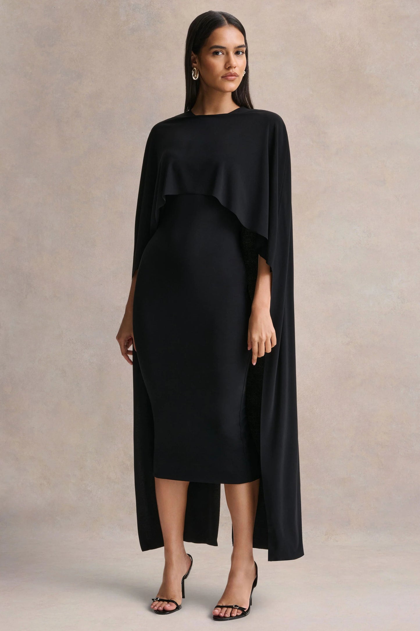 Kalani Black Crew-Neck Midi Dress With Cape-Sleeves