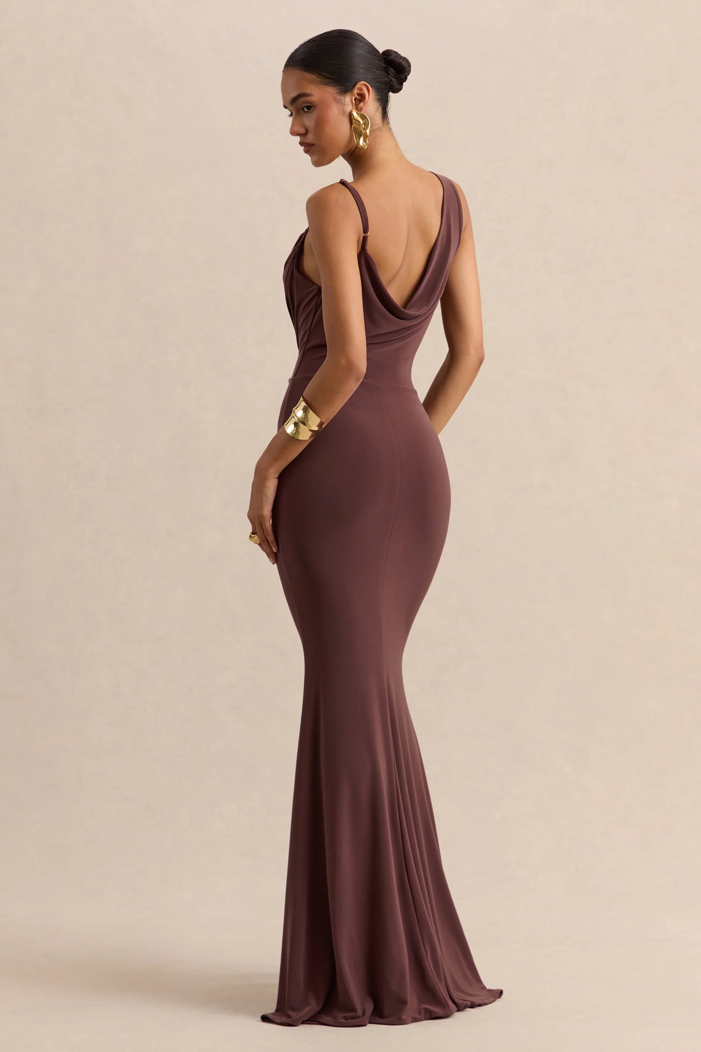 Armelia Brown Cowl-Neck Maxi Dress With Scarf-Detail