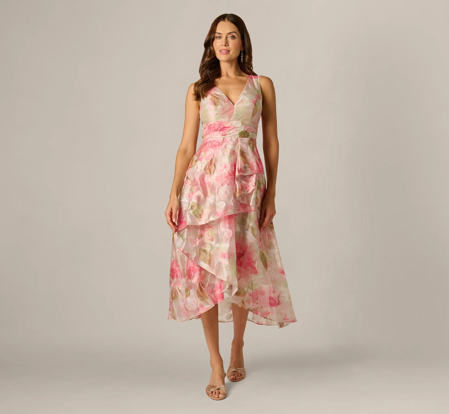 Floral Organza Cascade High Low Midi Dress In Sage Multi
