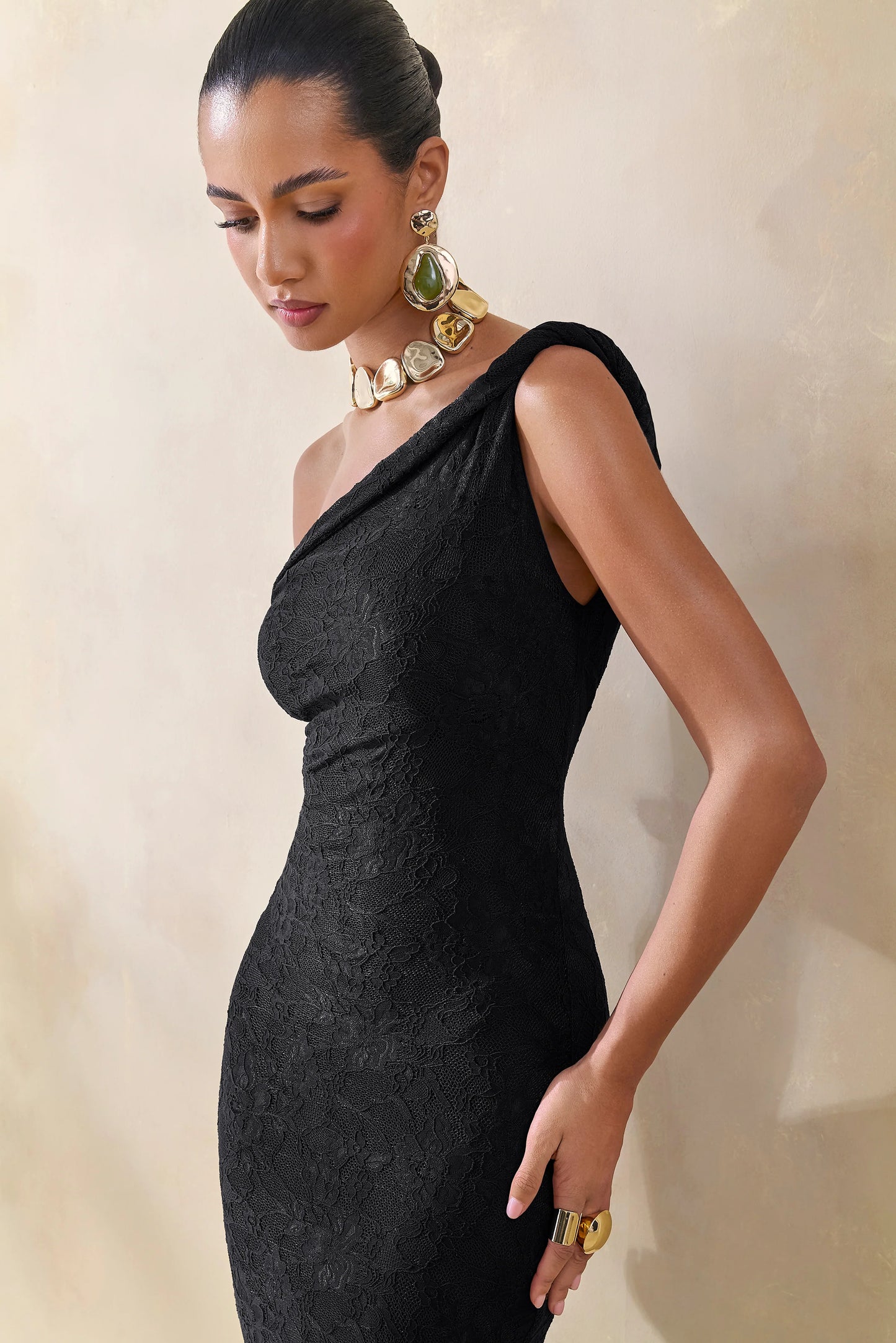 Afina Black Lace Asymmetric-Neck Maxi Dress