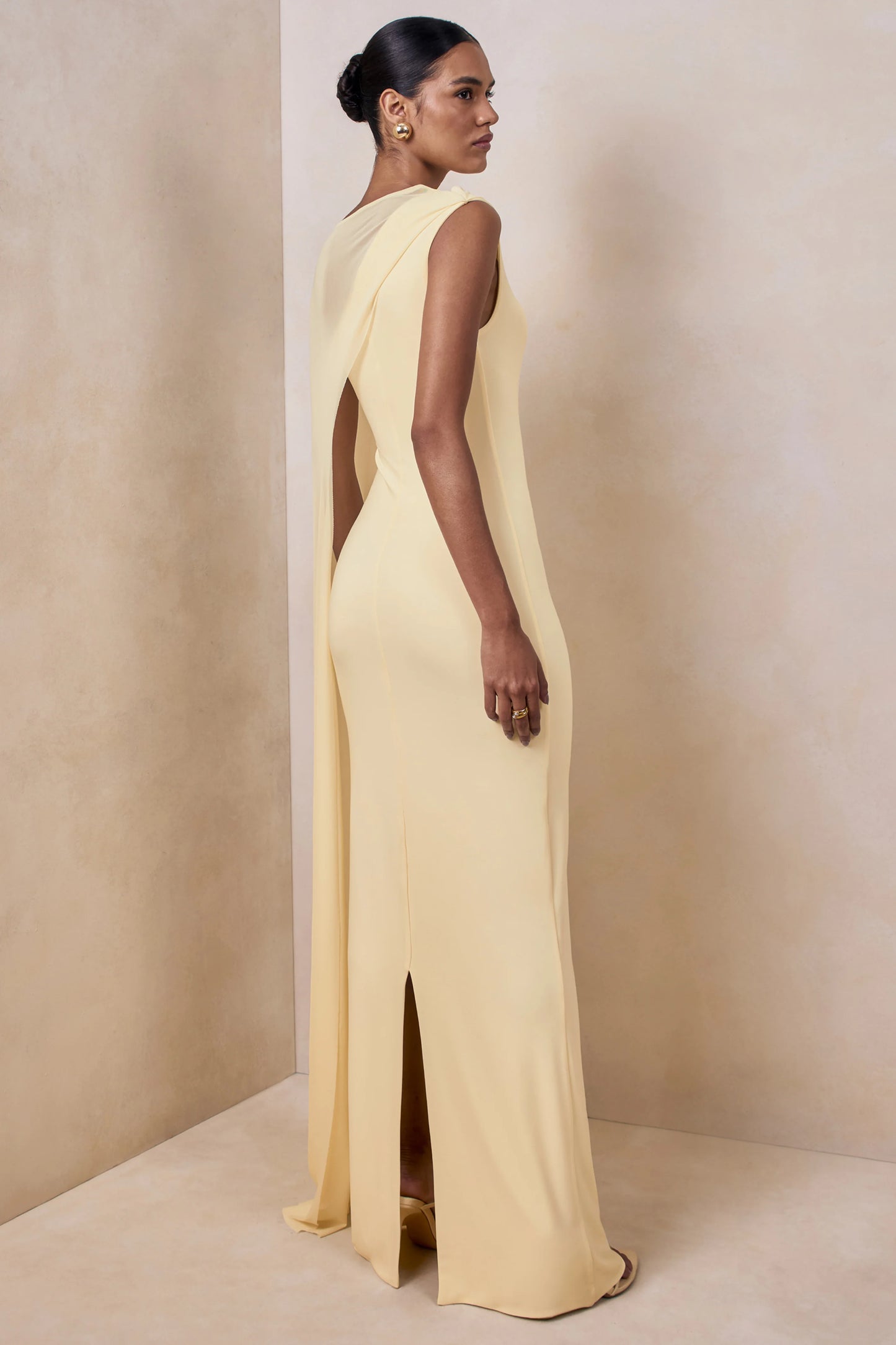 Mirelle Lemon Boat-Neck Maxi Dress With Cape-Sleeve