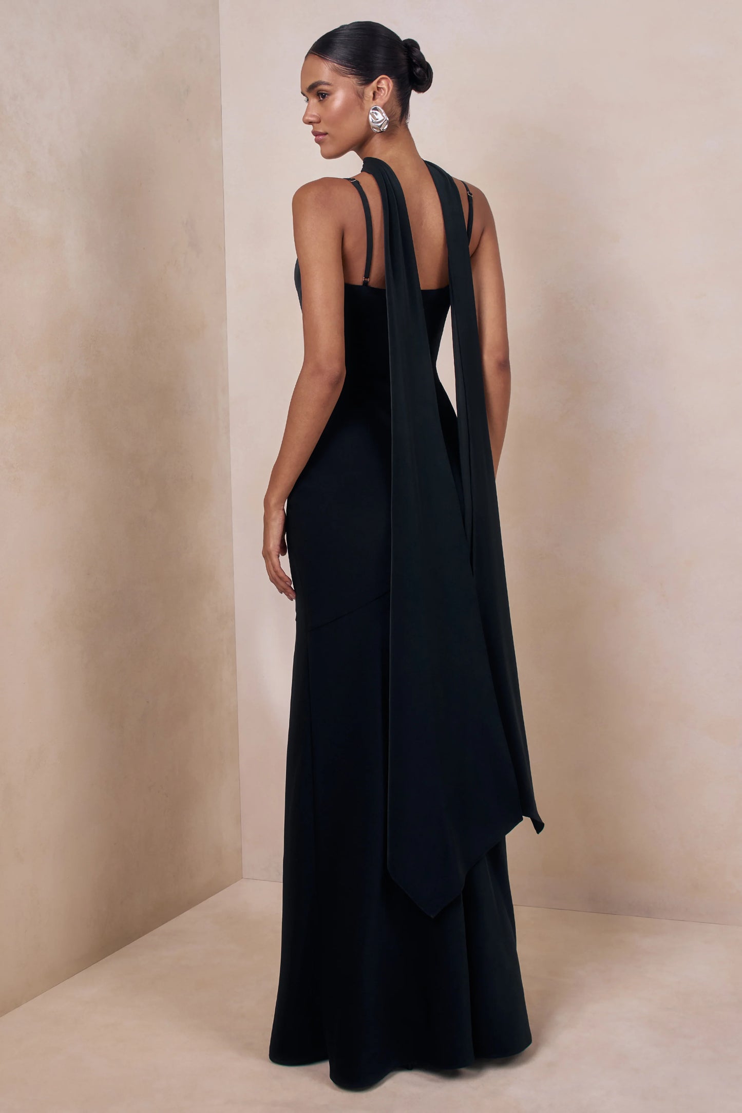 Starling Black Matte Satin Plunge-Neck Maxi Dress With Scarf-Detail