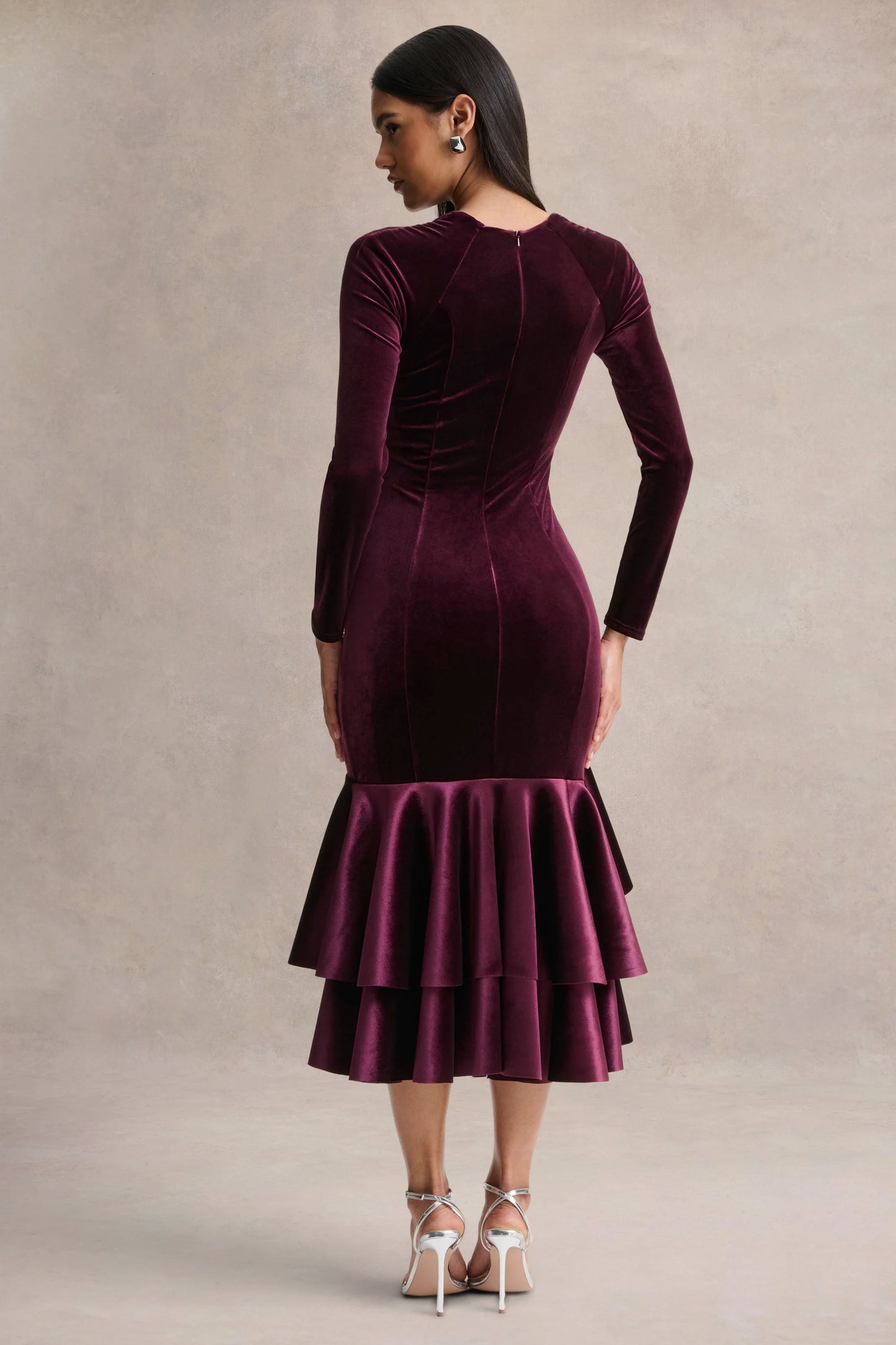 Emberlyn Burgundy Velvet Scoop-Neck Fishtail Midi Dress