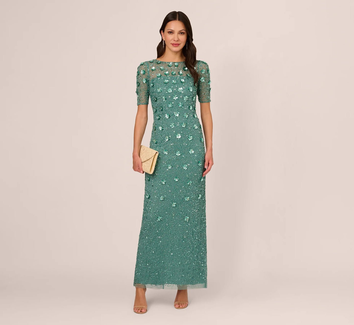 Long Hand Beaded 3D Floral Dress With Elbow Sleeves In Green Slate