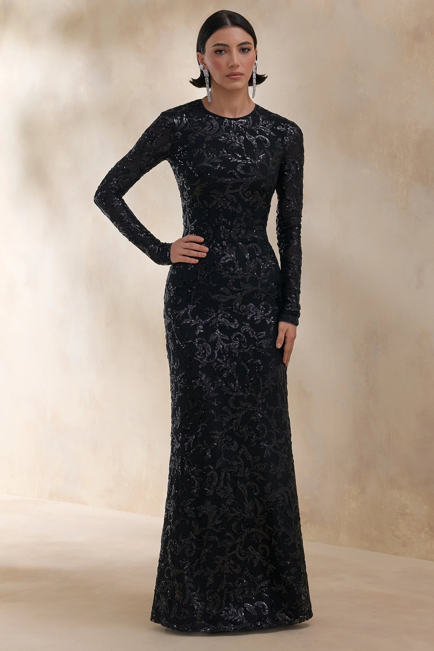Stellar Black Embellished Lace High-Neck Maxi Dress With Long Sleeves