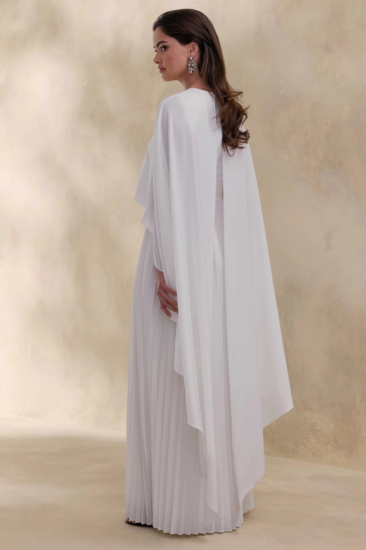 Loradia Cream Satin Round-Neck Maxi Dress With Cape-Sleeves And Pleated-Skirt