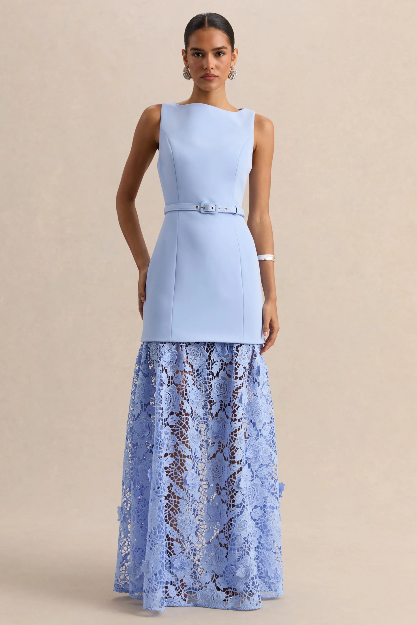 Verena Powder Blue Boat-Neck Belted Maxi Dress With Lace Skirt