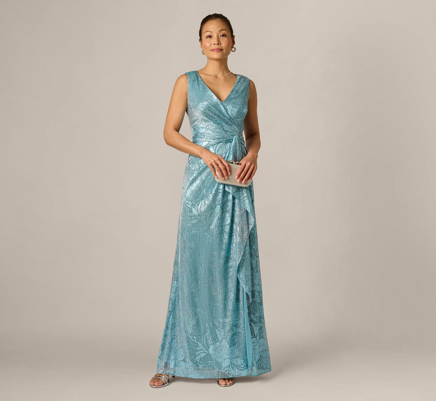 Crinkle Metallic Floral Draped Gown In Blue