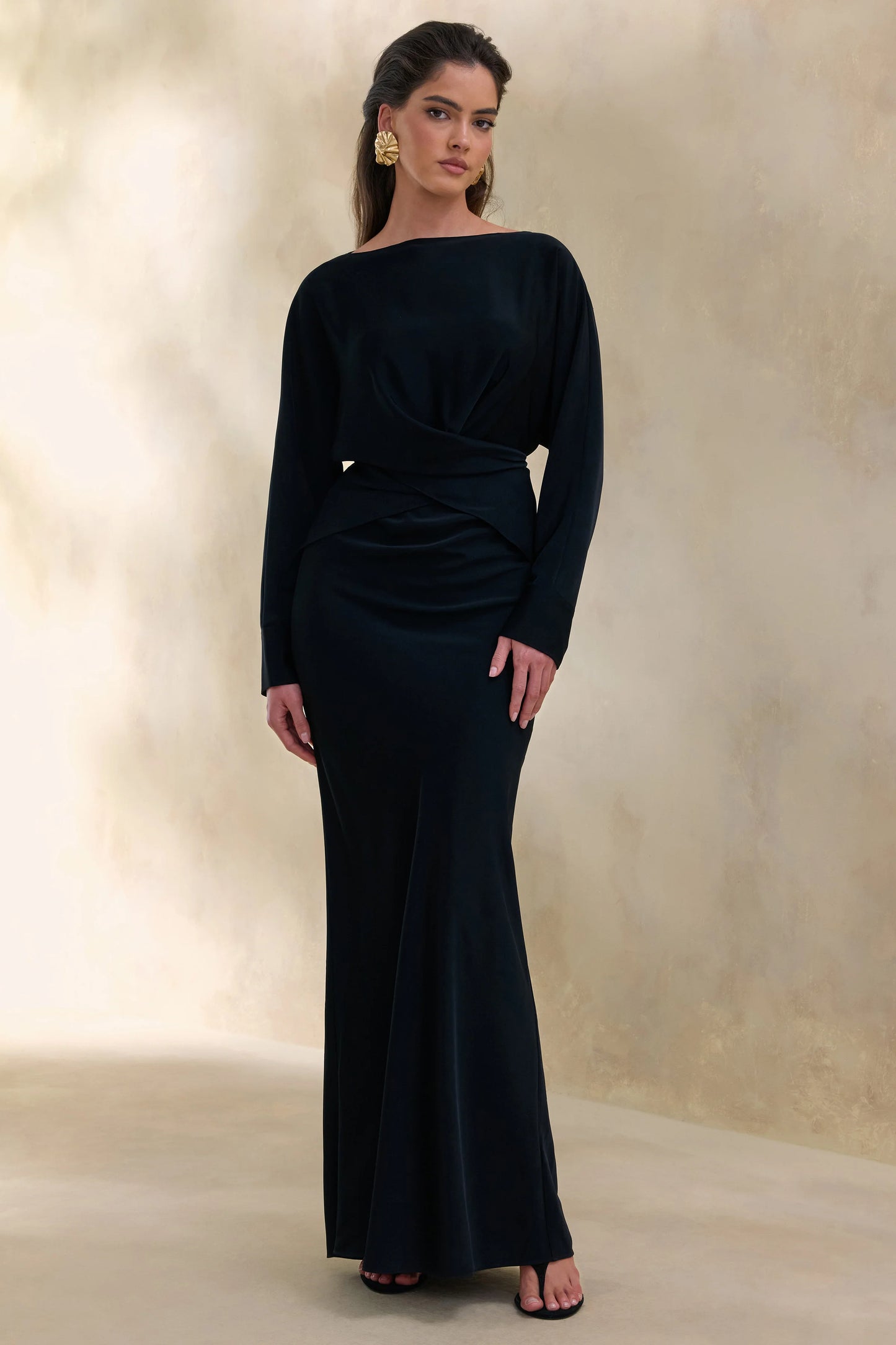 Elaria Black Satin Maxi-Skirt