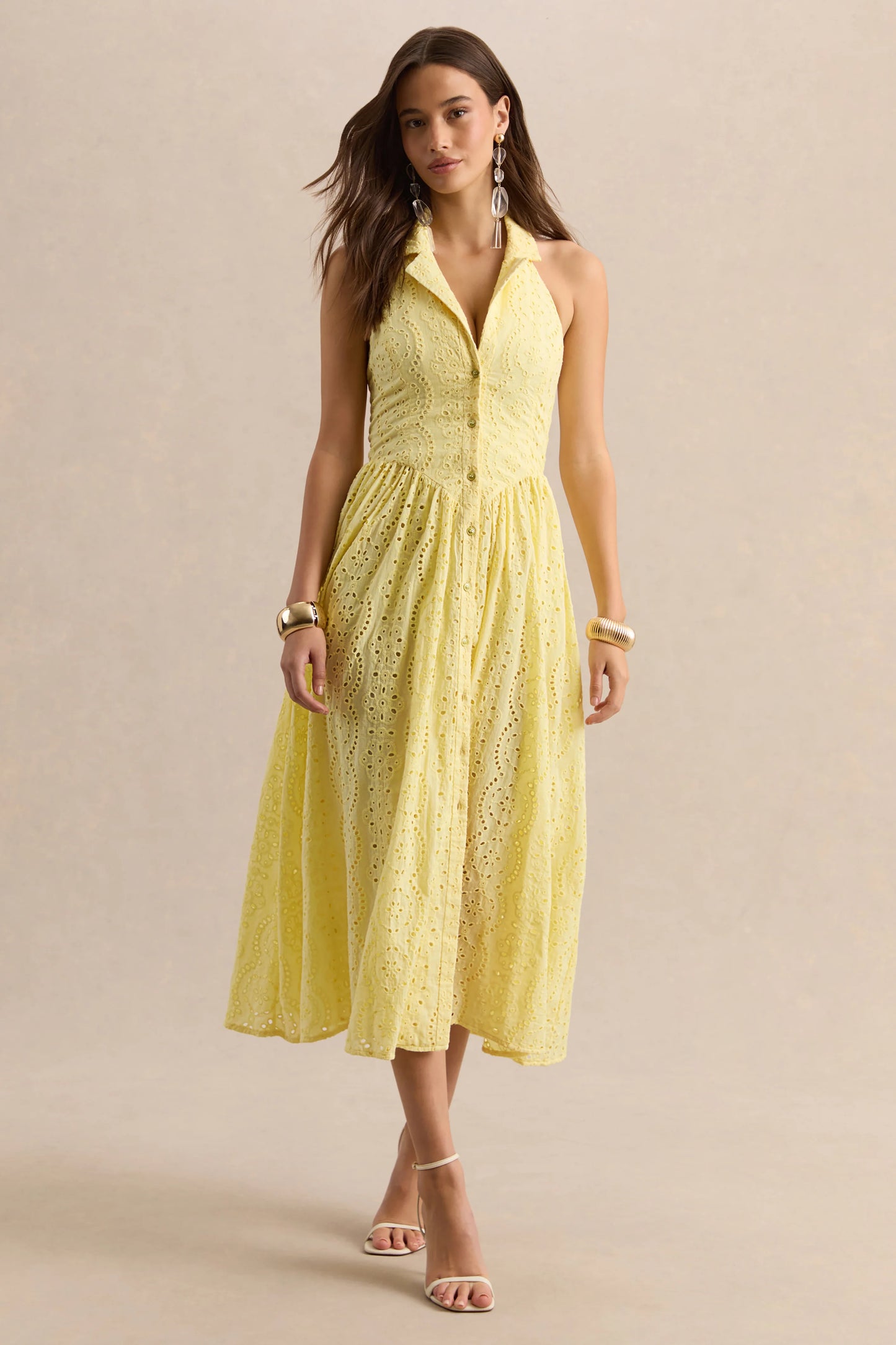 Jezebel Yellow Lace Plunge-Neck Collared Midi Dress