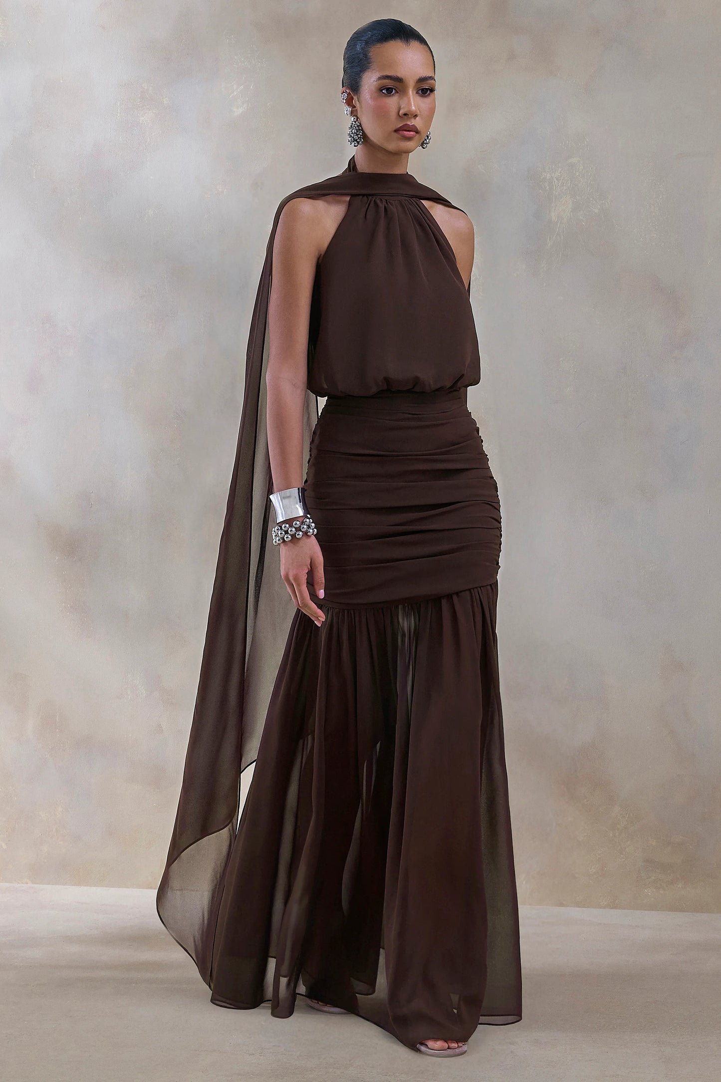 Veronique Brown Halter-Neck Maxi Dress