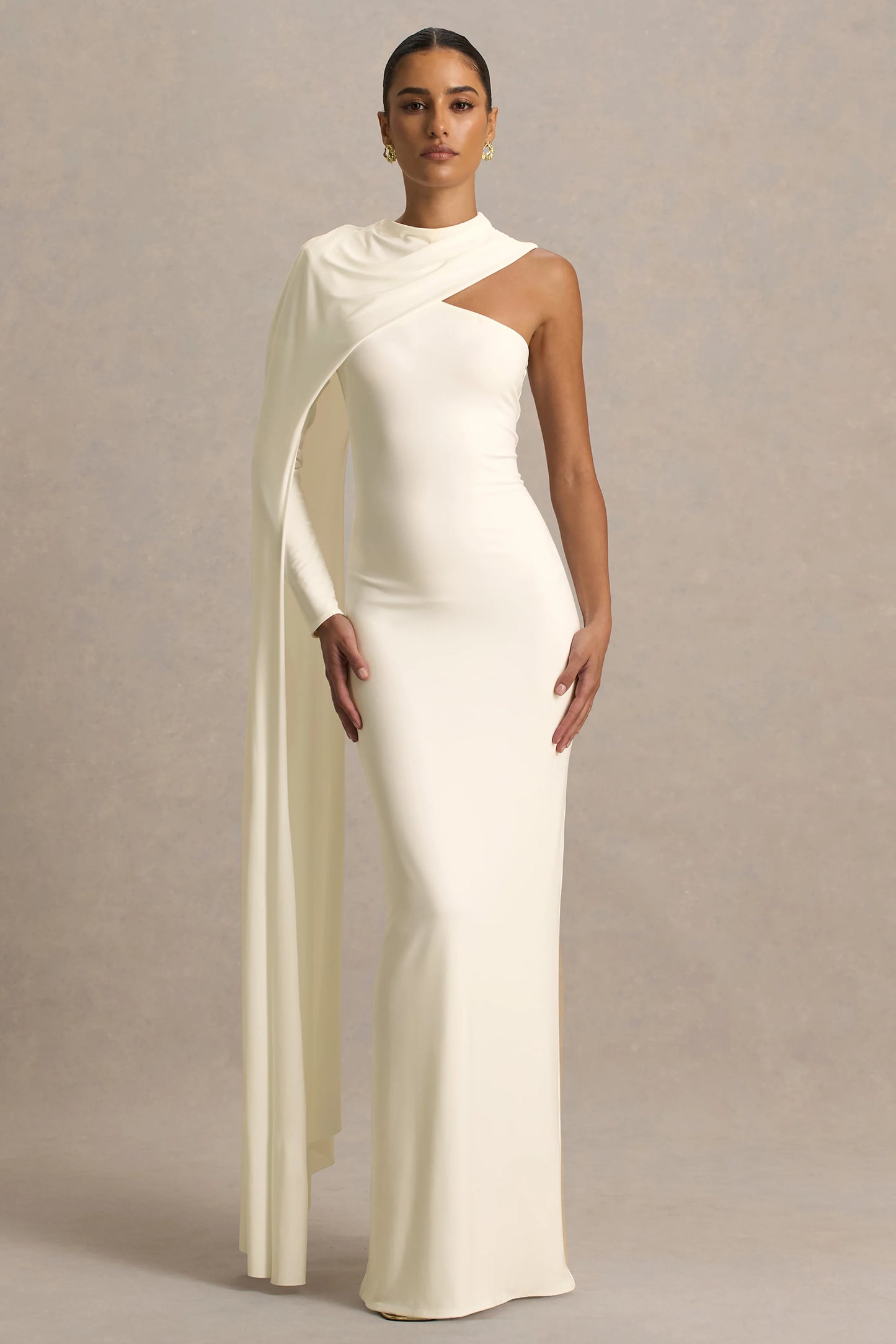 Dawn Cream High-Neck Maxi Dress With One Long Cape-Sleeve