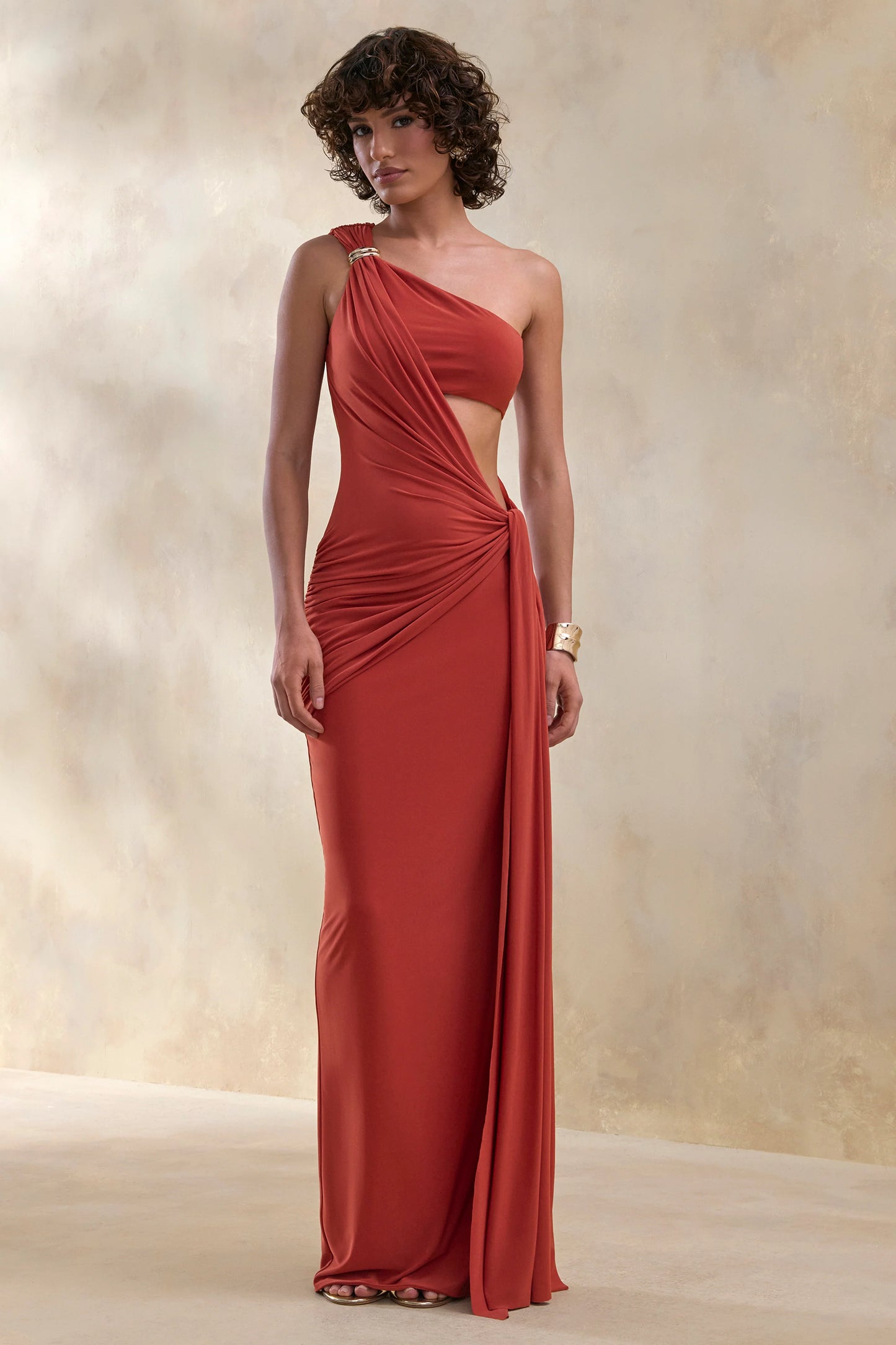Clarosia Rust Asymmetric-Neck Maxi Dress With Cut-Out With Sash