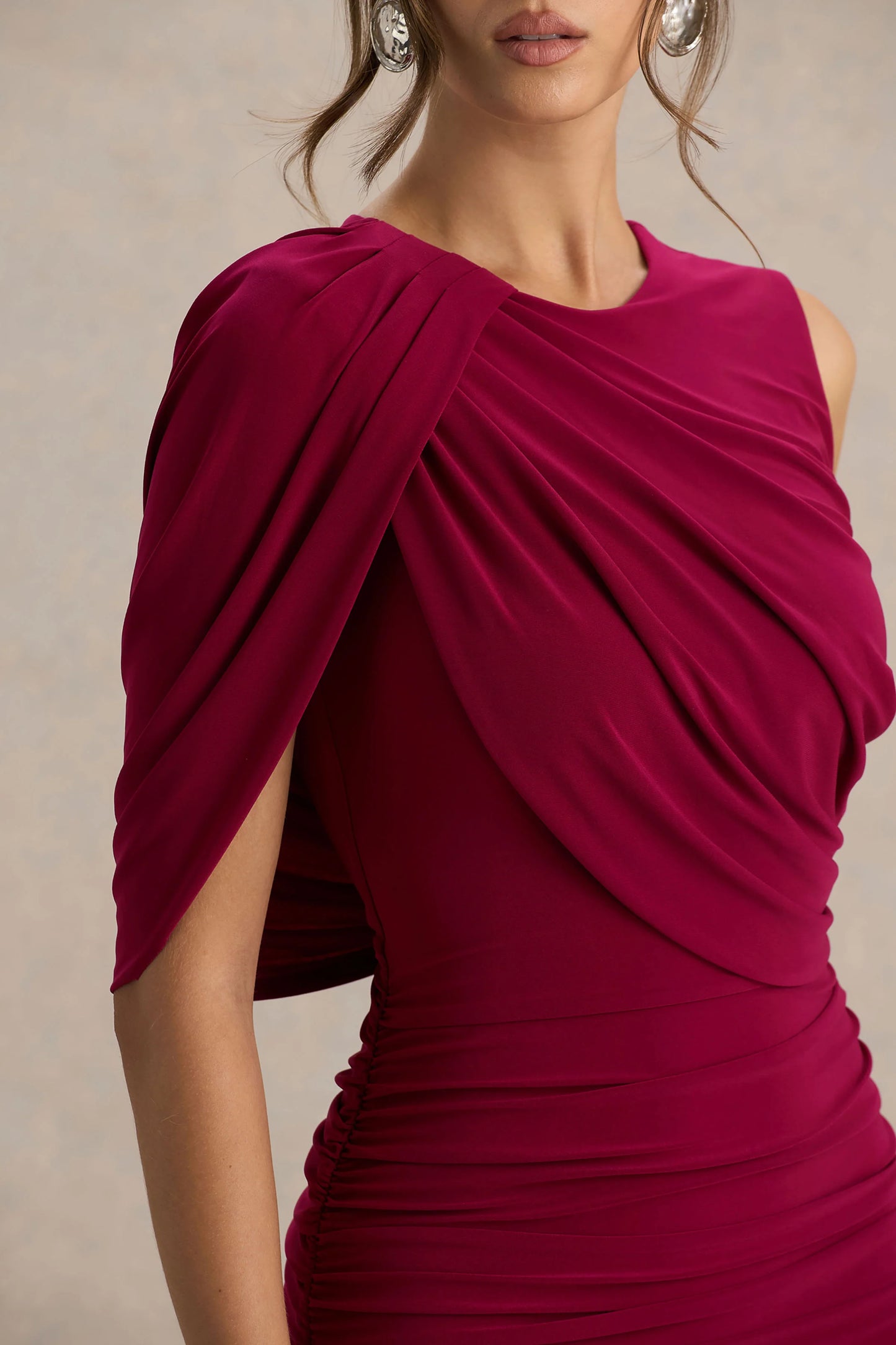 Missy Burgundy Mini Dress With Cape-Sleeve And Ruched Detailing