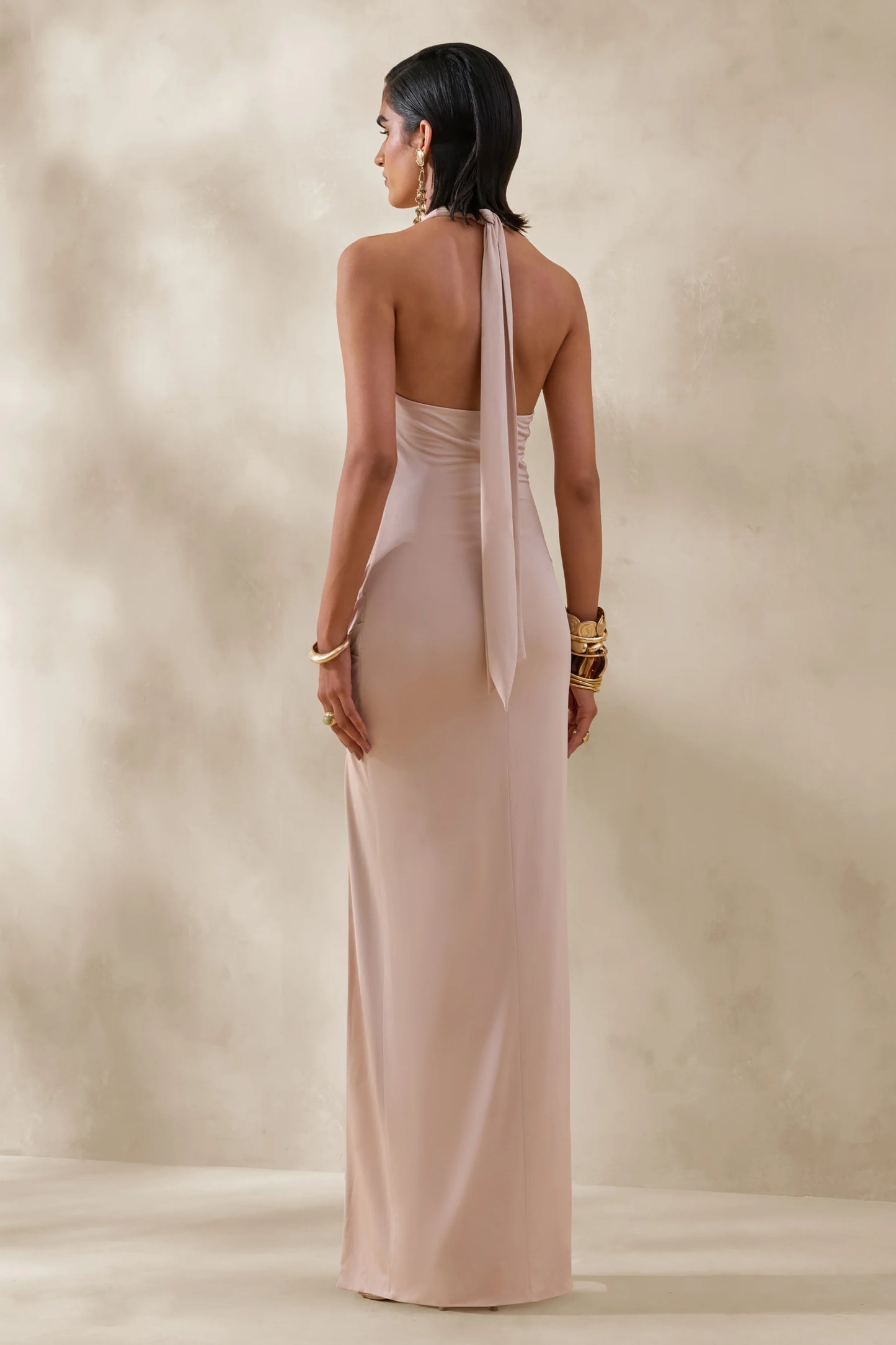 Junia Champagne Plunge-Neck Wrap Maxi Dress