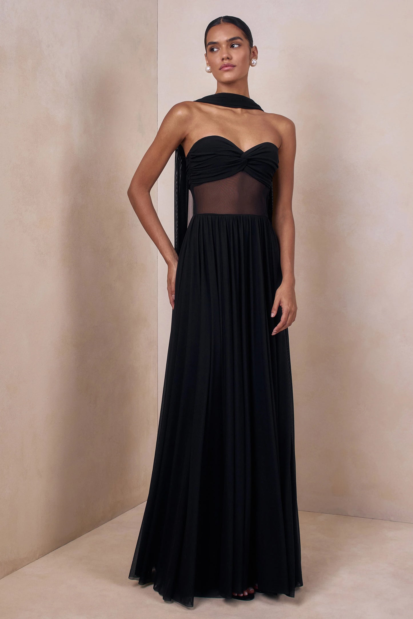 Lyvoria Black Bandeau Maxi Dress With Mesh-Detail And Scarf
