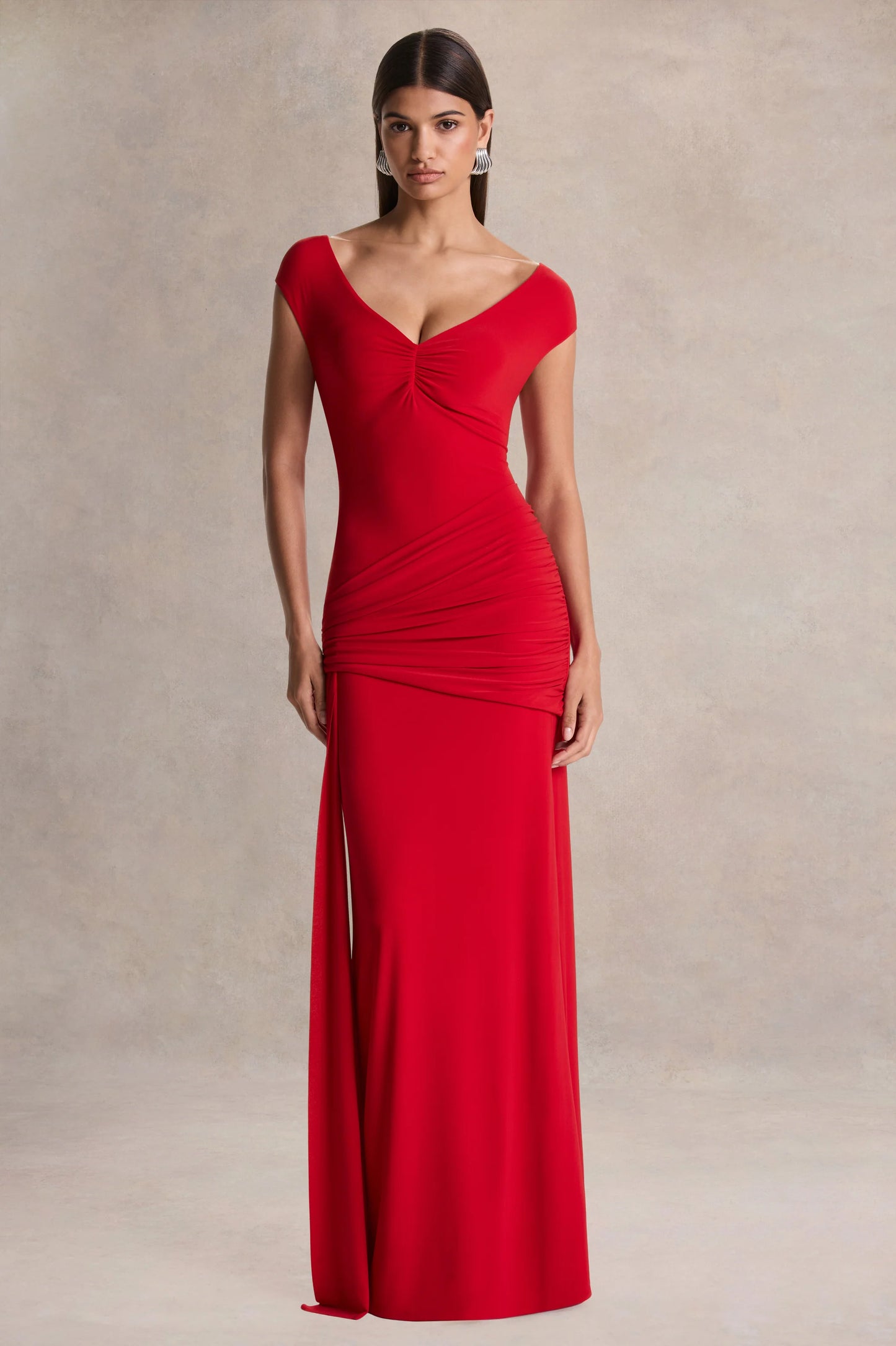 Petronia Red V-Neck Maxi Dress With Wrap-Detail