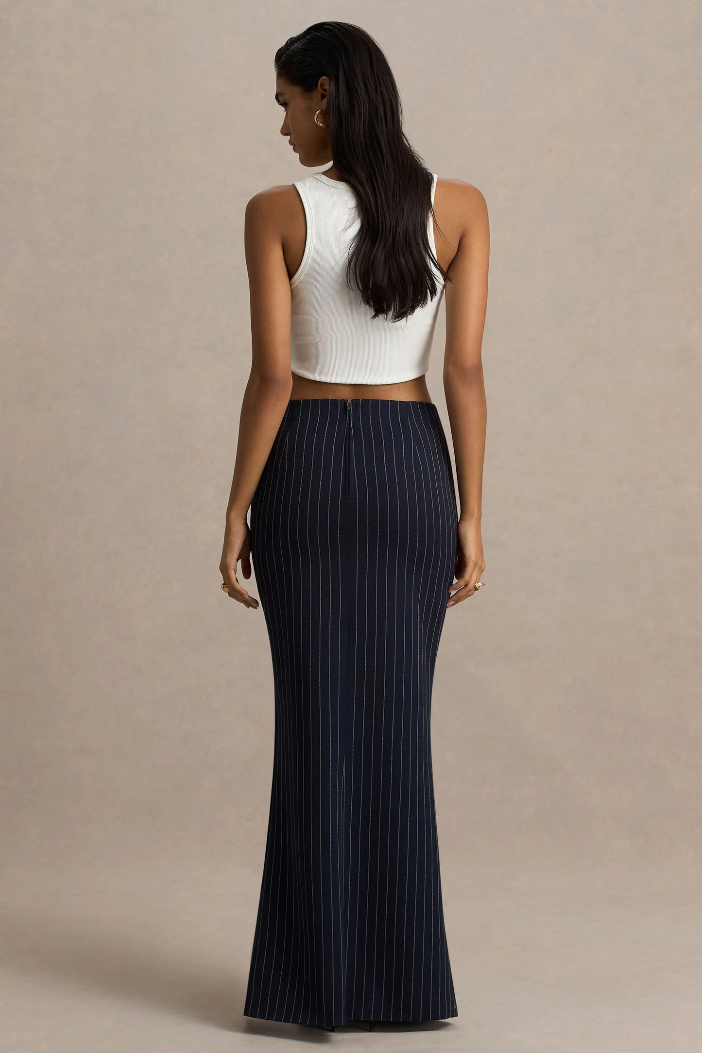 Elana Navy Pinstripe Maxi Skirt With Front-High Split