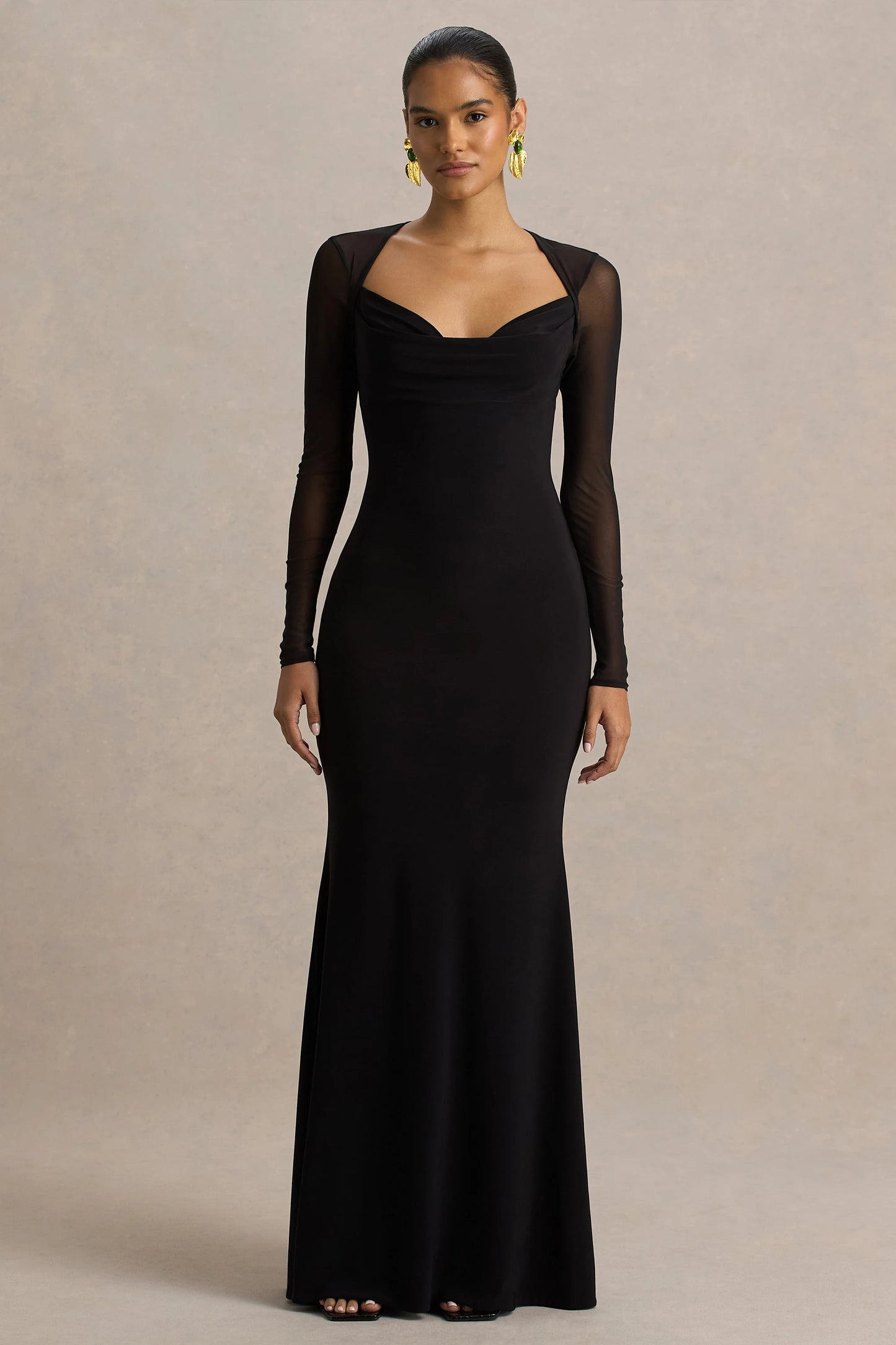 Bethan Black Cowl-Neck Maxi Dress With Mesh Sleeves And Open-Back
