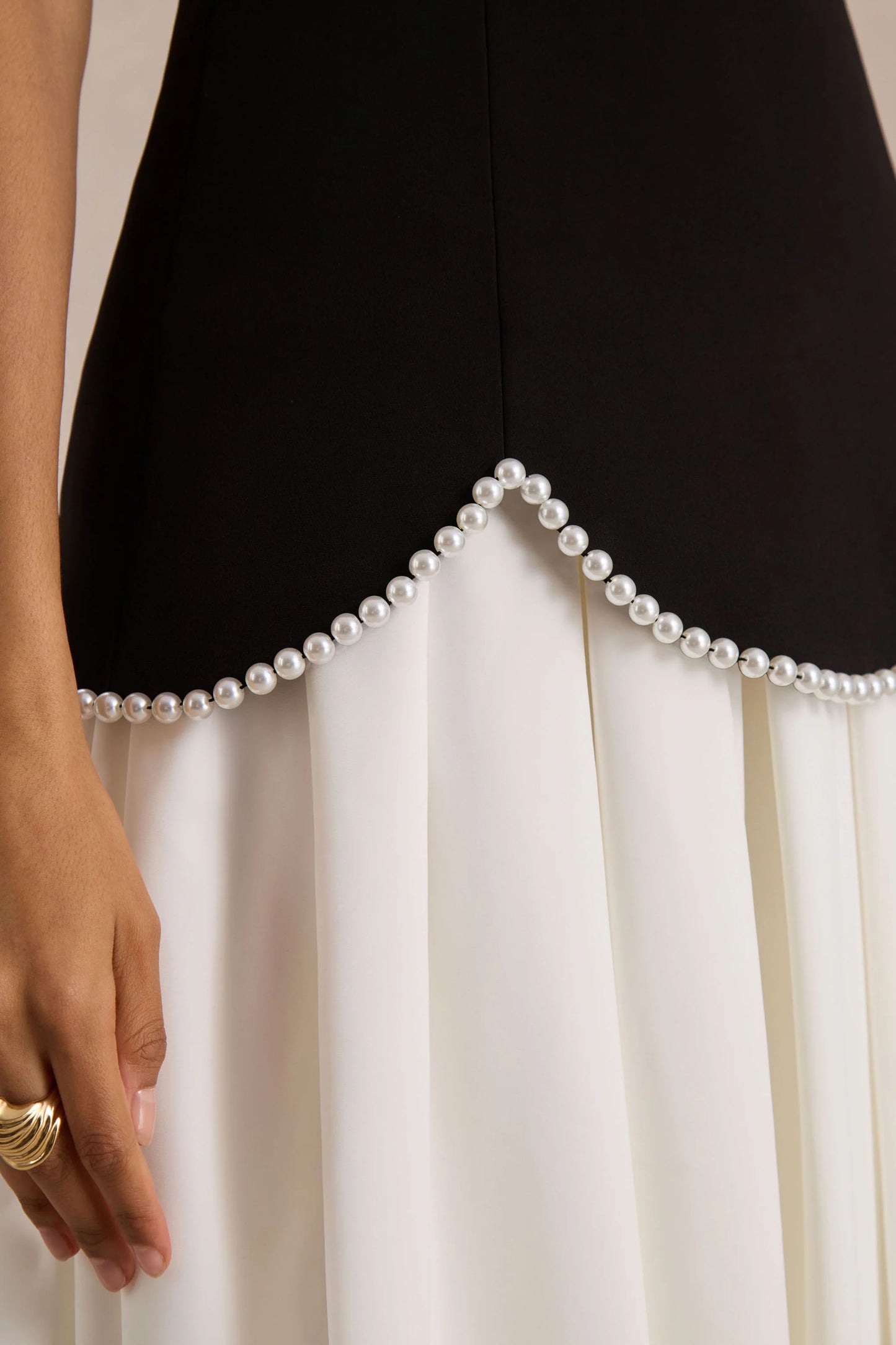 Wendy Black And White Maxi Dress With Drop-Waist And Pearl Embellishment