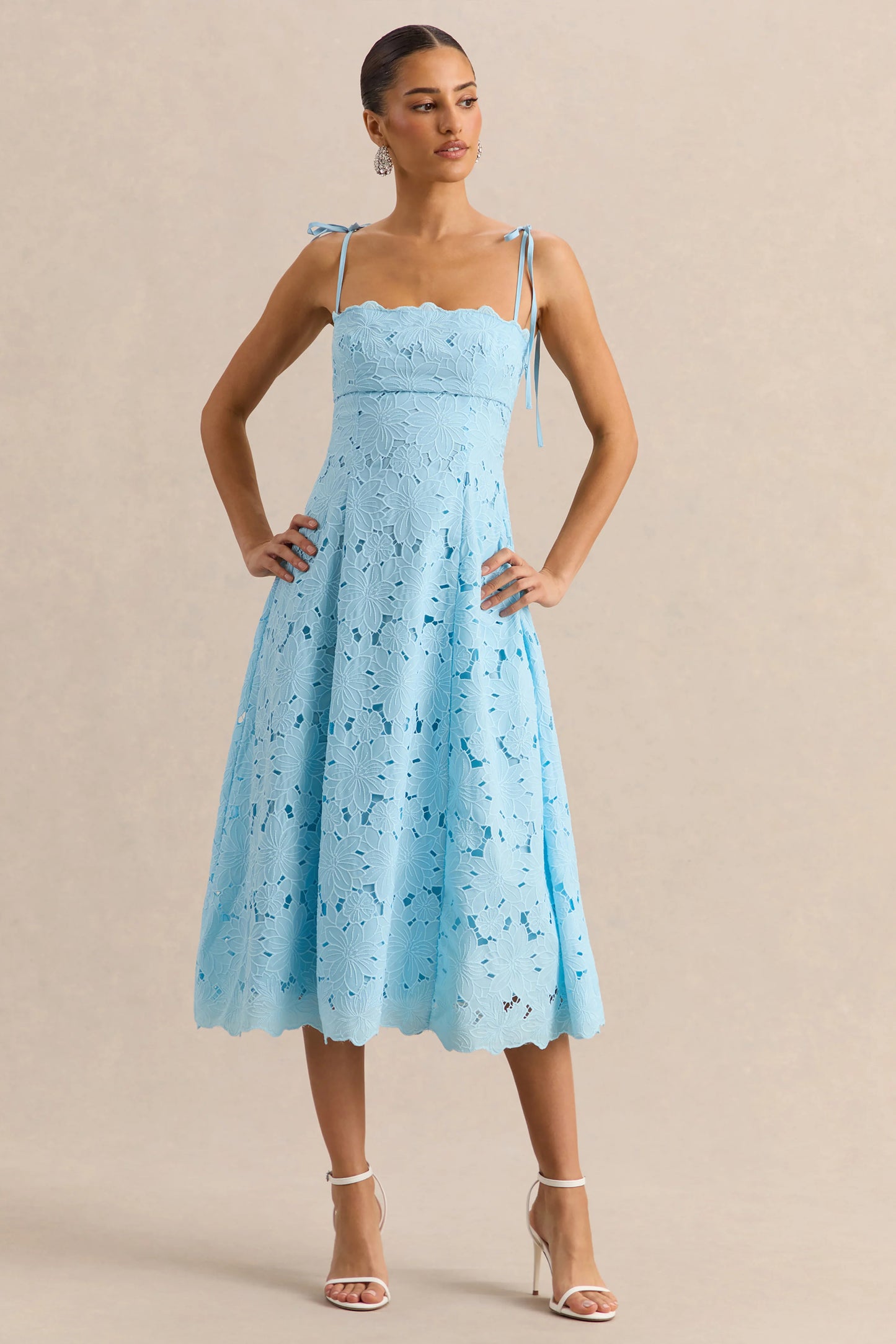 Anna Embroidered Powder Blue Square-Neck Midi Dress