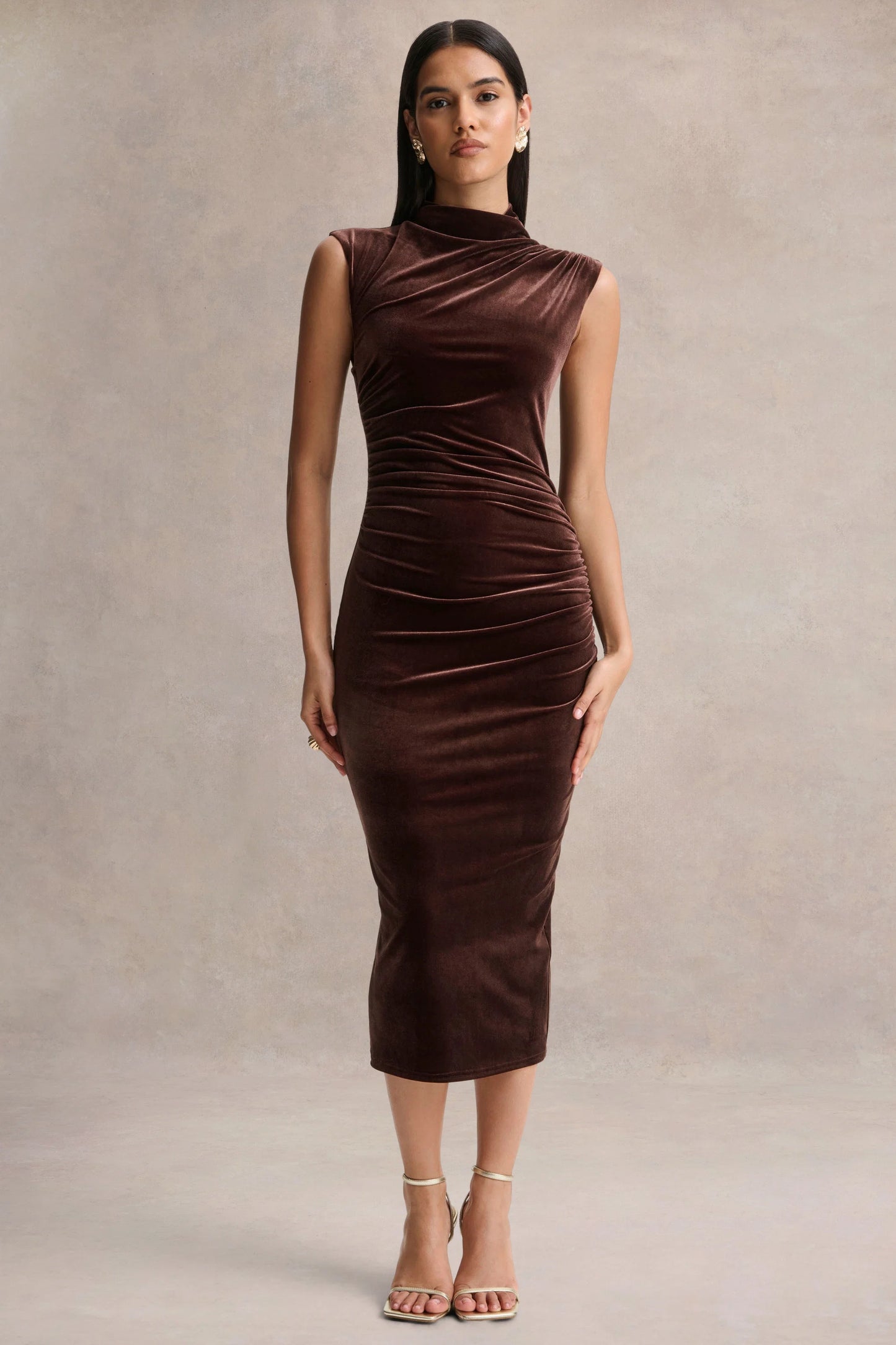 Novine Brown Velvet High-Neck Midi Dress