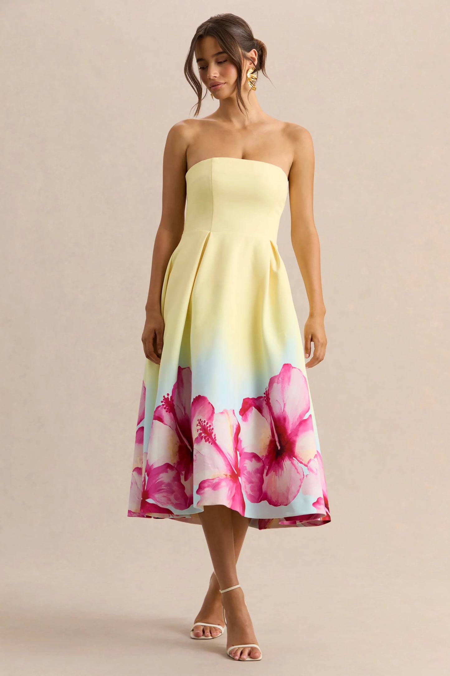 Zoya Yellow Ombre Lily Print Bandeau Midi Dress