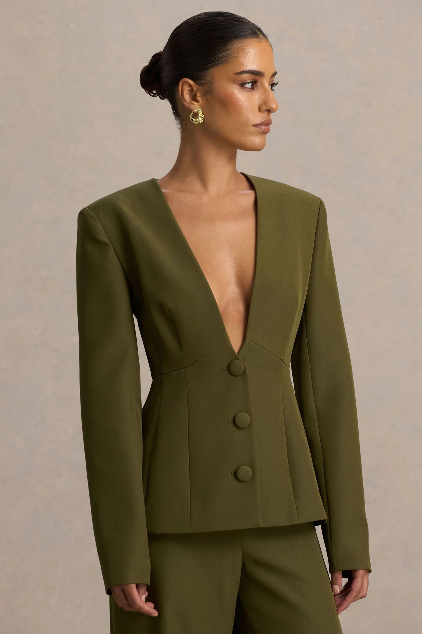 Rosalina Olive Extreme-Plunge Neck Tailored Blazer