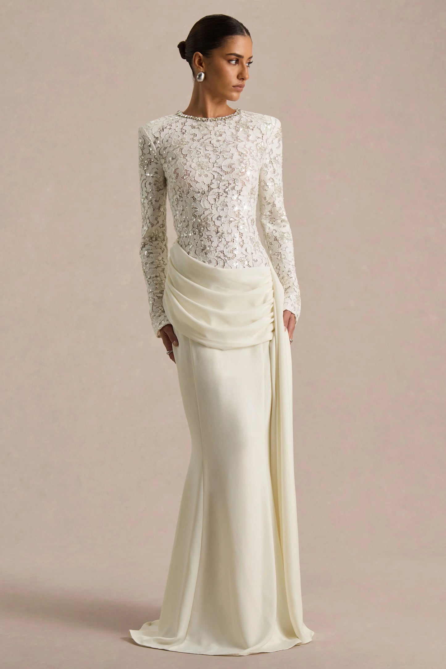 Beau Ecru Lace Embellished Crew-Neck Maxi Dress With Draped Detail