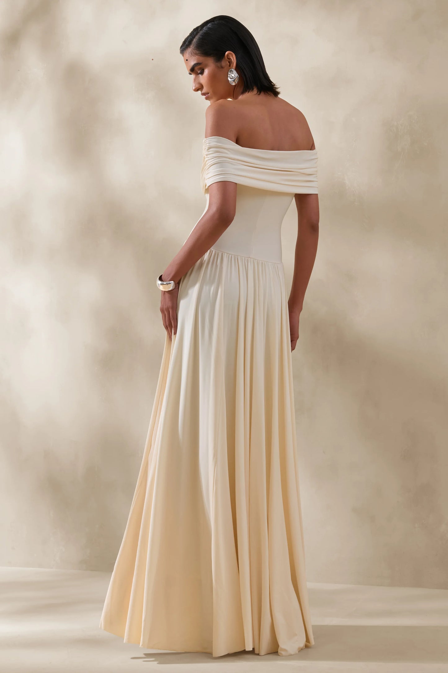 Cindie Cream Bardot-Neck Maxi Dress