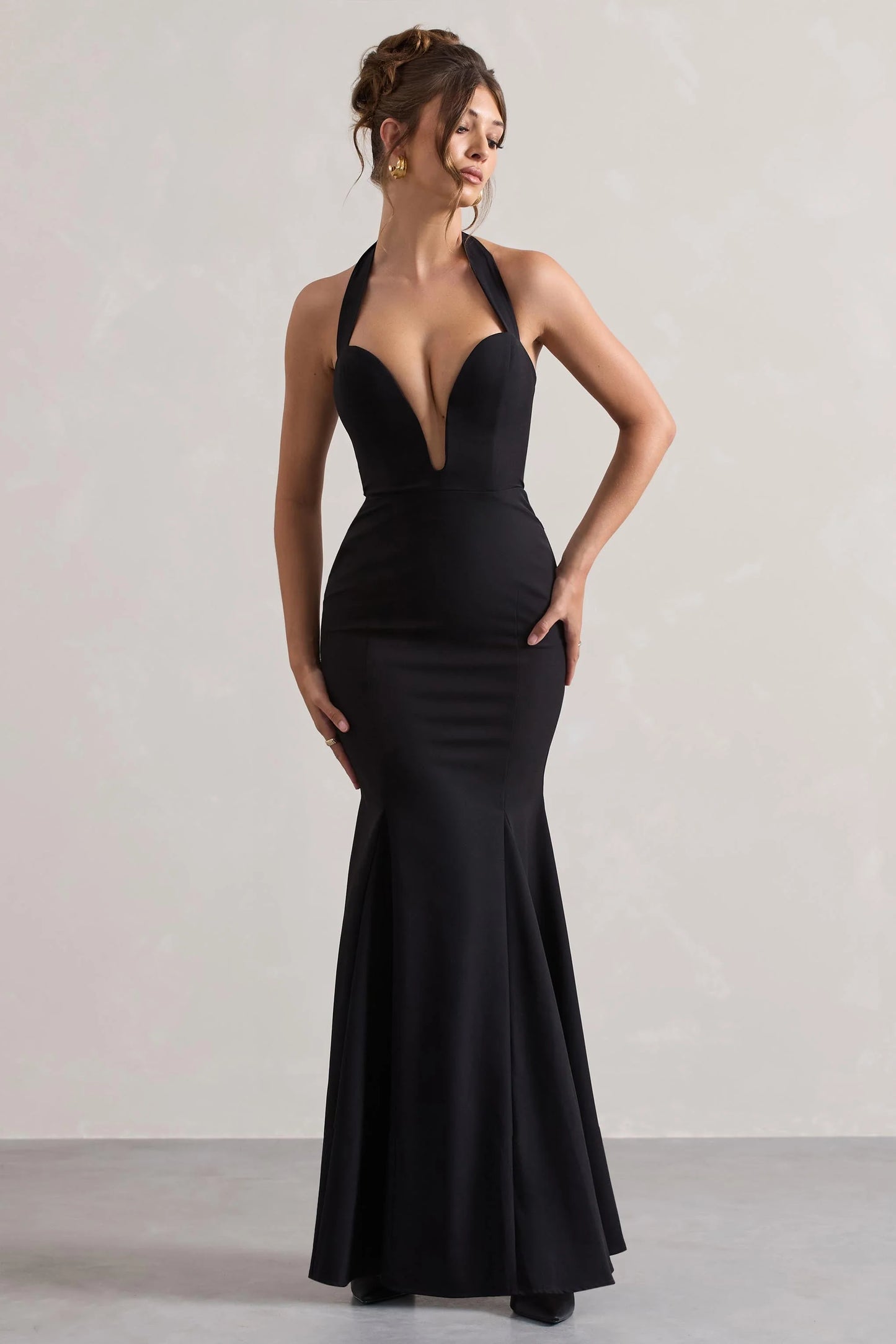 Plaza Black Plunge Halter-Neck Fishtail Maxi Dress