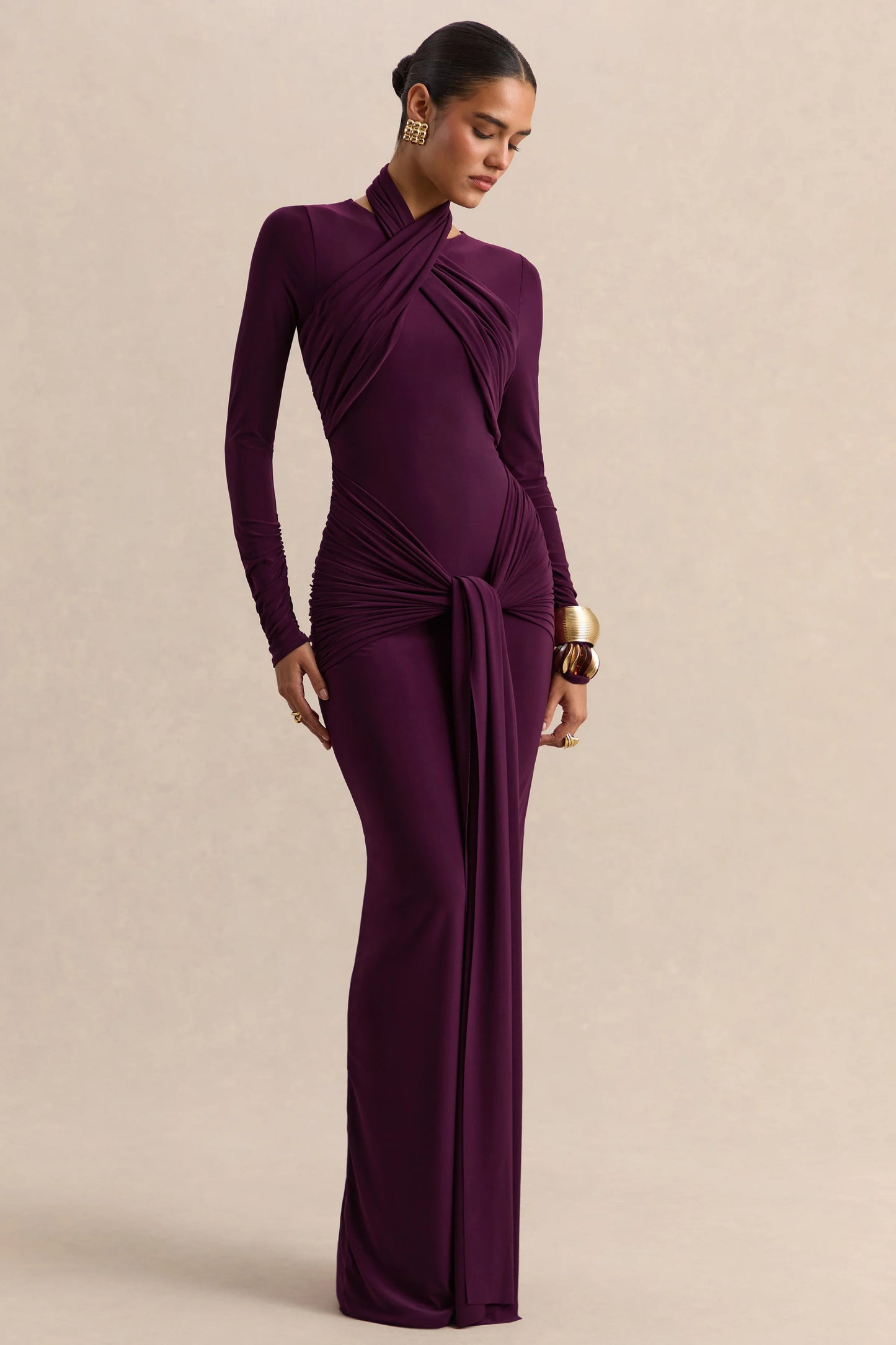 Linessa Dark Plum High-Neck Maxi Dress With Sash And Gathered-Detailing