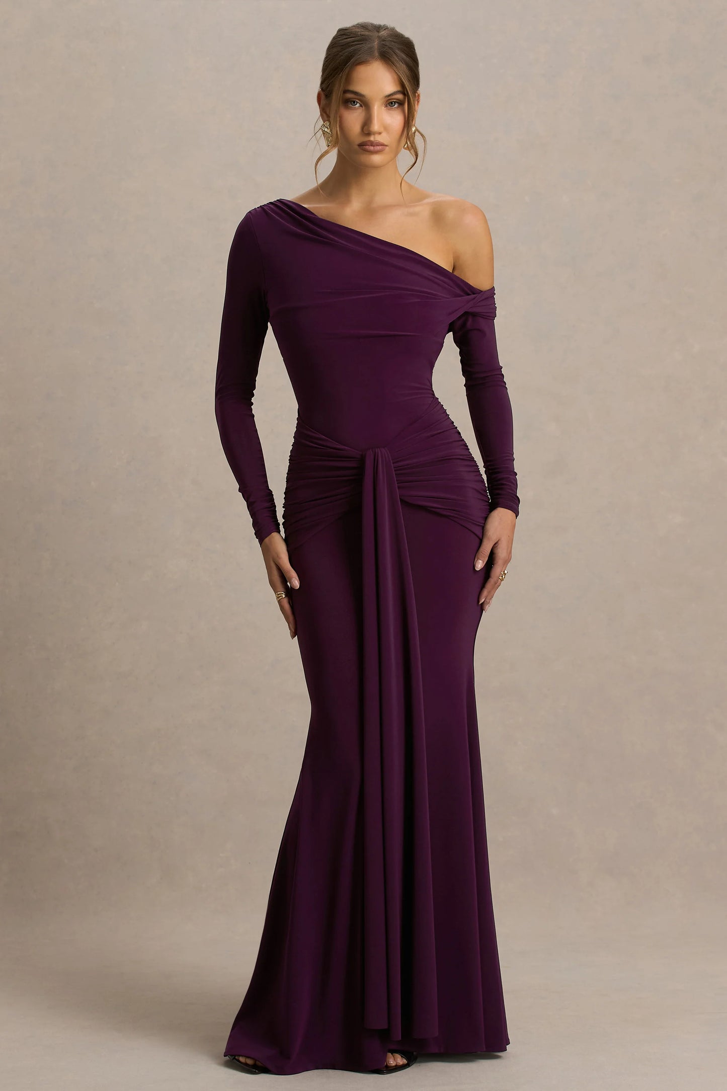 Clover Burgundy Asymmetric-Neck Wrapped Maxi Dress With Sash