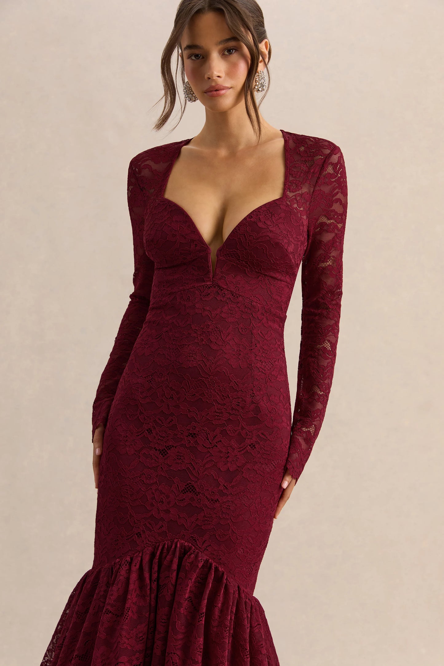 Camilly Burgundy Lace Plunge-Neck Mermaid Midi Dress