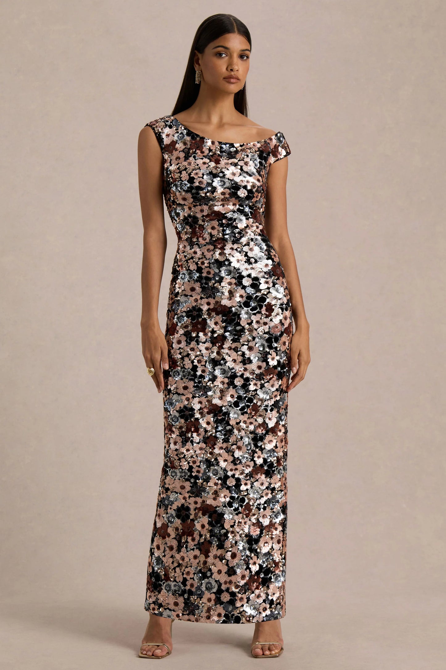 Electric Black Velvet & Embellished Sequin Floral Asymmetric-Neck Maxi Dress