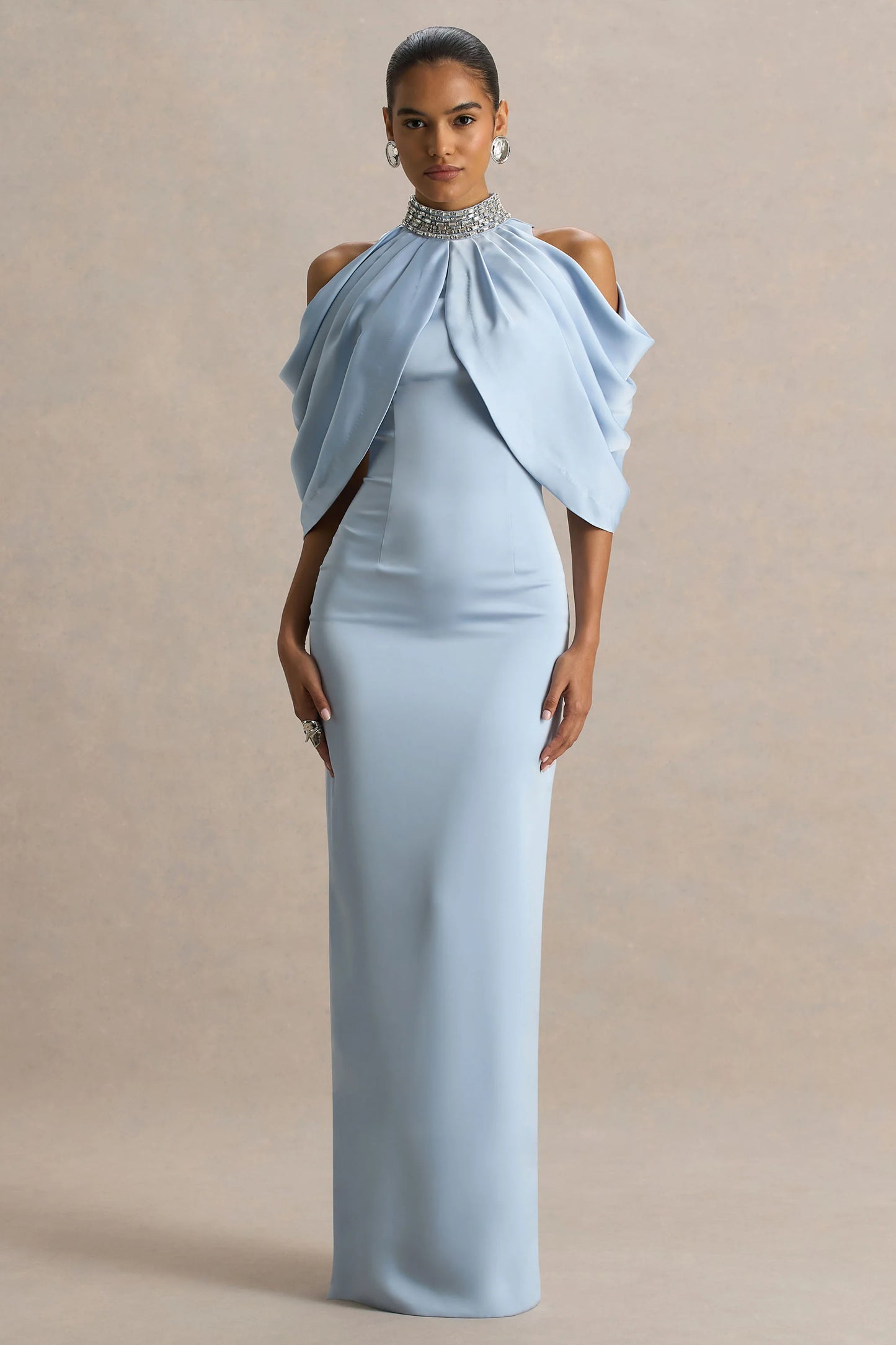 Sulliana Powder Blue Satin High-Neck Maxi Dress With Embellished Detail And Cape Sleeves