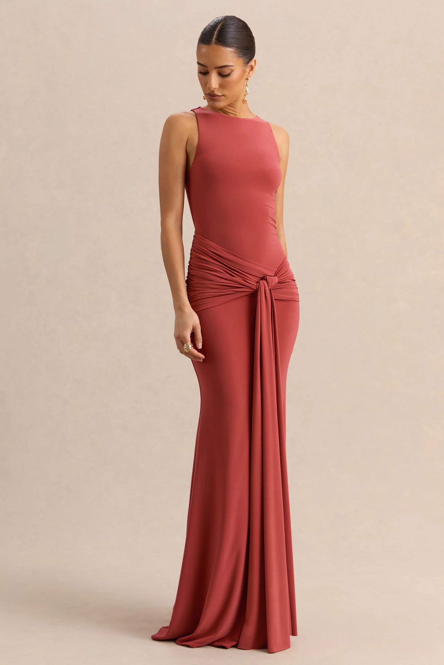 Cherine Rust Round-Neck Maxi Dress With Gathered-Detailing And Sash