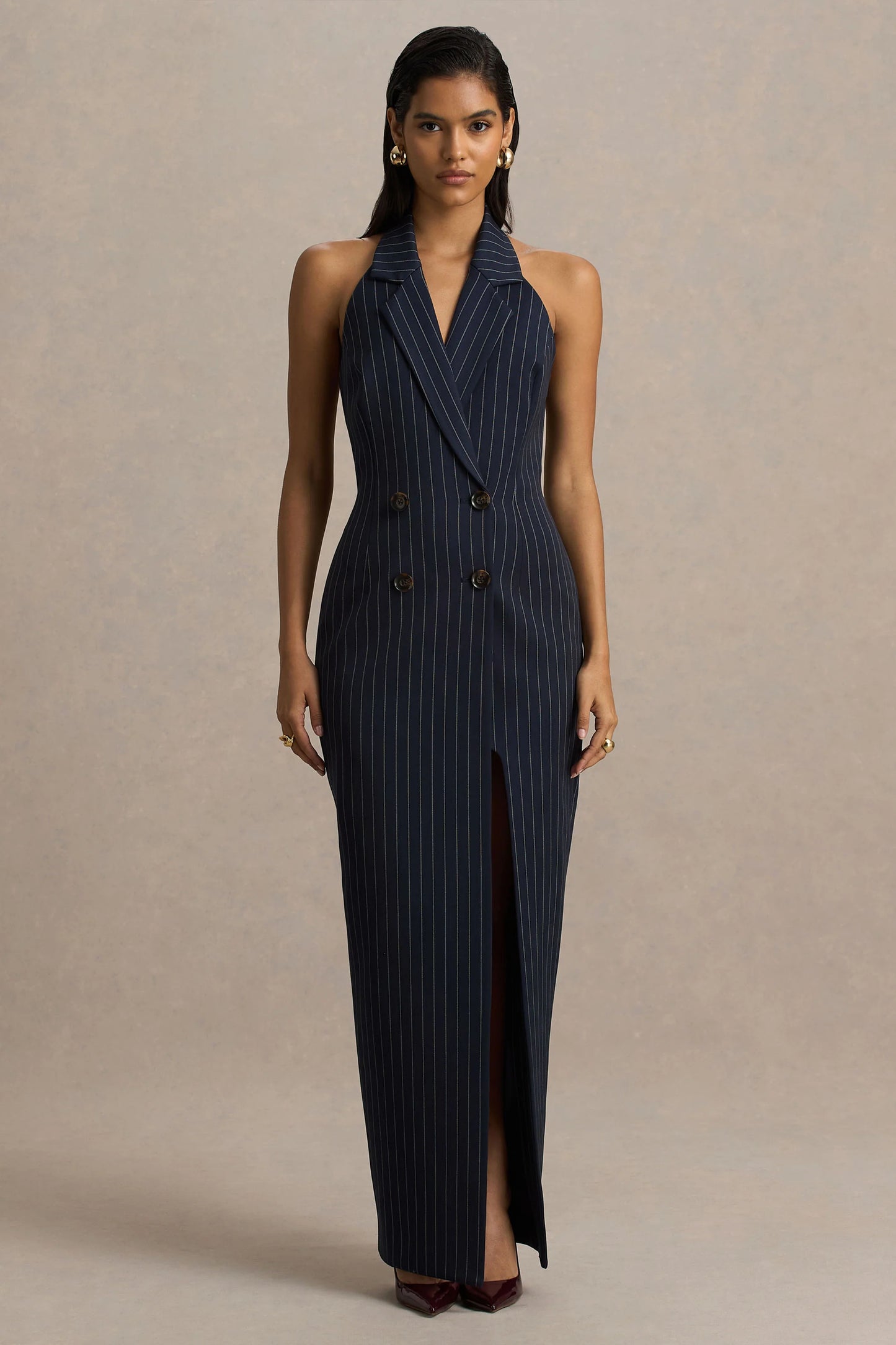 Eve Navy Pinstripe Plunge-Neckline Tailored Maxi Dress